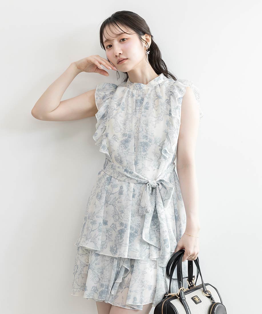 【ランダ/RANDA】のフリルデザインシアーブラウスセットアップ インテリア・キッズ・メンズ・レディースファッション・服の通販 founy(ファウニー) 　ファッション　Fashion　レディースファッション　Fashion for Women　トップス・カットソー　Cut & Sew Tops　シャツ・ブラウス・オフィスカジュアル　Elegant Blouses & Button-Ups　シアー　Sheer, See-Through　セットアップ　Set-Up, Coordinated Outfit　ダウン　Down, Puffer　デニム　Denim, Jeans Material　ノースリーブ　Sleeveless, No-Sleeve　フェミニン　Feminine, Girly　フリル　Frill, Ruffle　フレア　Flare, Flared　プリント　Print, Printed Pattern　リボン　Ribbon, Bow　BLUE|ID: prp329100004976175 ipo3291000000037300860