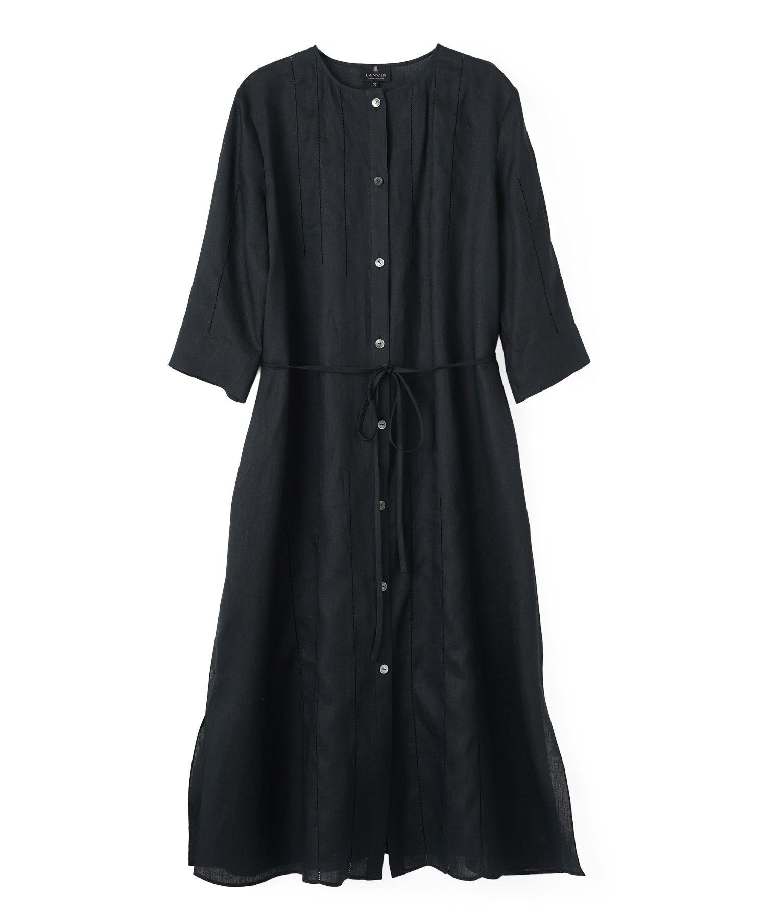 【ランバンコレクション/LANVIN COLLECTION】のノーカラー・ロングワンピース インテリア・キッズ・メンズ・レディースファッション・服の通販 founy(ファウニー) 　ファッション　Fashion　レディースファッション　Fashion for Women　ワンピース　Dresses　フロント　Front, Front Design　リネン　Linen, Linen Fabric　ロング　Long, Long-Length　ブラック|ID: prp329100004976336 ipo3291000000037301449
