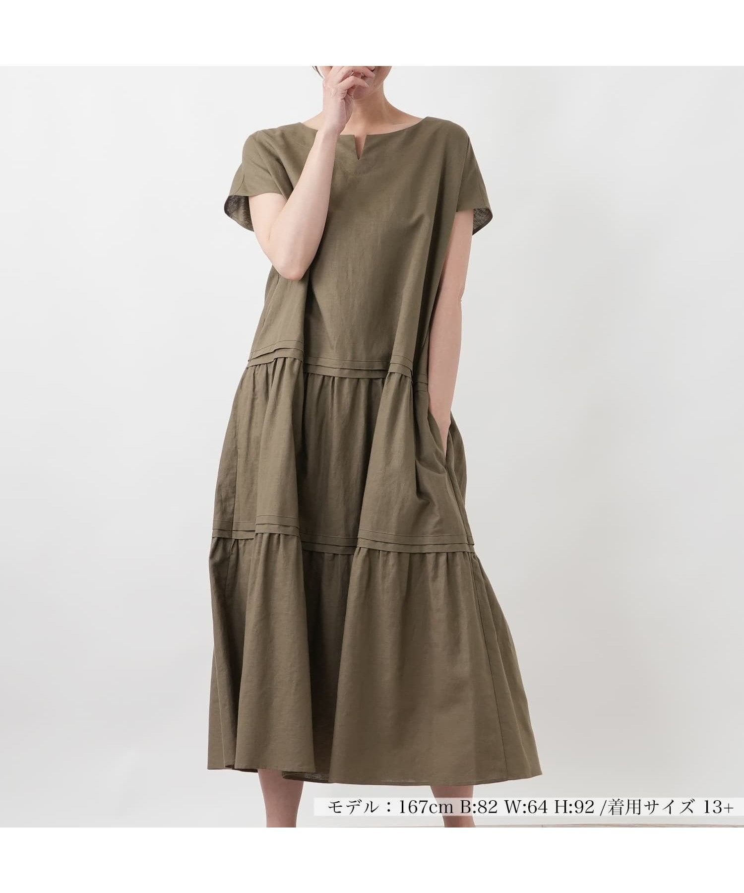 【レリアンプラスハウス/Leilian PLUS HOUSE】のキーネックティアードワンピース【SORAGE】 インテリア・キッズ・メンズ・レディースファッション・服の通販 founy(ファウニー) 　ファッション　Fashion　レディースファッション　Fashion for Women　ワンピース　Dresses　アクセサリー　Fashion Accessories　春　Spring　カーディガン　Cardigan, Knitwear　コレクション　Collection, Seasonal Line　シンプル　Simple, Minimal　スリーブ　Sleeve, Long Sleeve / Short Sleeve　フレンチ　French, French Style　ポケット　Pocket, Pocket Detail　リラックス　Relax, Relaxed Fit　S/S・春夏　SS, Spring/Summer, Warm Season　夏　Summer　エレガント 上品　Elegant　カーキ系|ID: prp329100004976340 ipo3291000000037301461