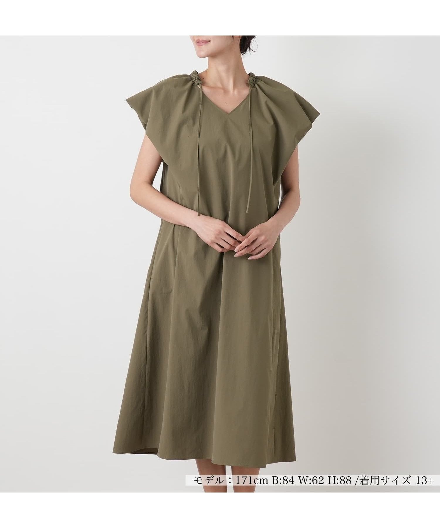 【レリアンプラスハウス/Leilian PLUS HOUSE】のワンピース【NEMIKA】 インテリア・キッズ・メンズ・レディースファッション・服の通販 founy(ファウニー) 　ファッション　Fashion　レディースファッション　Fashion for Women　ワンピース　Dresses　アクセサリー　Fashion Accessories　ウォッシャブル　Machine Washable　カッティング　Cutting Detail　カーディガン　Cardigan, Knitwear　シンプル　Simple, Minimal　ジャケット　Jacket, Outerwear　デコルテ　Décolleté, Neckline　ポケット　Pocket, Pocket Detail　無地　Plain, Solid Color　夏　Summer　カーキ|ID: prp329100004976345 ipo3291000000037301475
