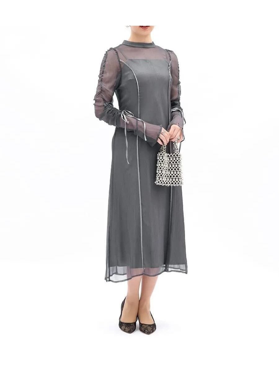 【ラシュッド/LASUD】のギャザーシアースリーブロングワンピース インテリア・キッズ・メンズ・レディースファッション・服の通販 founy(ファウニー) 　ファッション　Fashion　レディースファッション　Fashion for Women　ワンピース　Dresses　キャミソール　Camisole, Spaghetti Strap Top　ギャザー　Gathered, Ruffled　シアー　Sheer, See-Through　スリーブ　Sleeve, Long Sleeve / Short Sleeve　セレモニー　Ceremony　フェミニン　Feminine, Girly　フォーマル　Formal, Dressy　フレア　Flare, Flared　ロング　Long, Long-Length　エレガント 上品　Elegant　ライトグレー|ID: prp329100004976364 ipo3291000000037301547