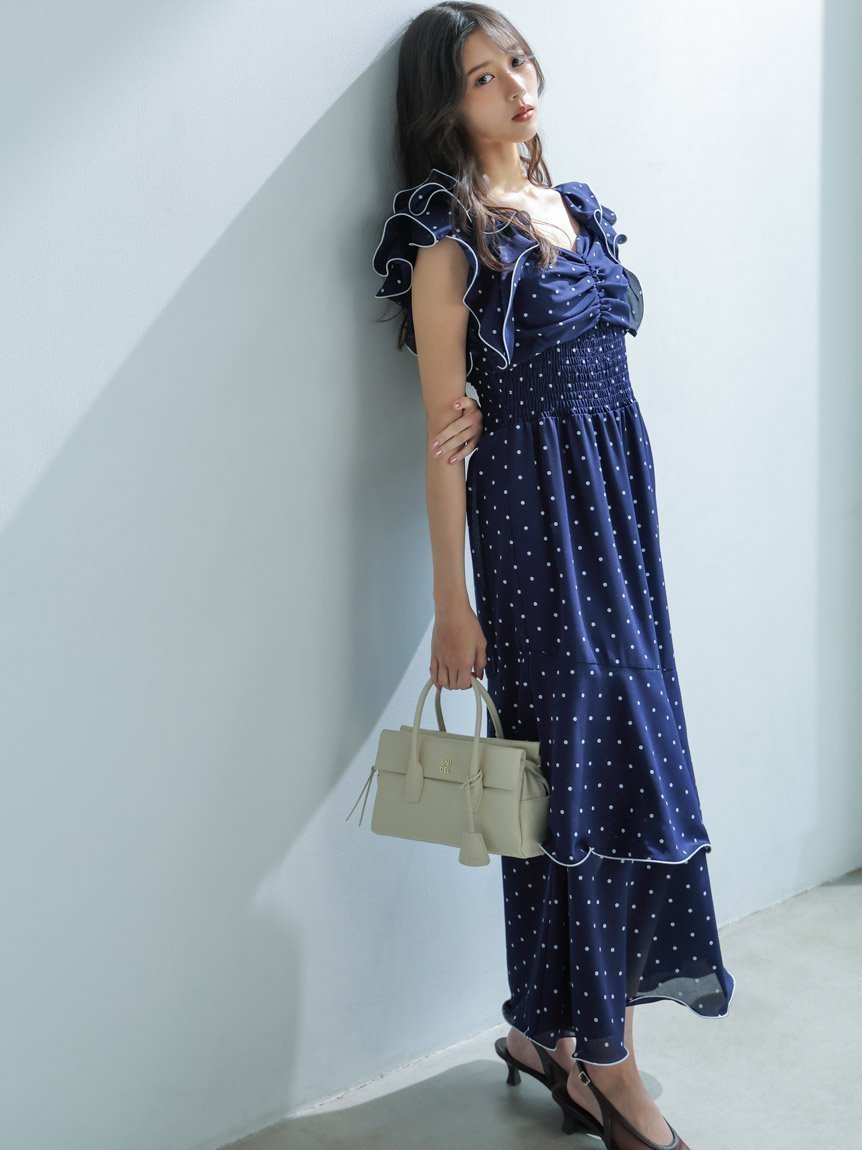 【スナイデル/SNIDEL】のフリルスリーブバリエプリントワンピース インテリア・キッズ・メンズ・レディースファッション・服の通販 founy(ファウニー) 　ファッション　Fashion　レディースファッション　Fashion for Women　ワンピース　Dresses　イエロー　Yellow　ウェーブ　Wavy Pattern　ジャケット　Jacket, Outerwear　スマート　Smart, Elegant　スリーブ　Sleeve, Long Sleeve / Short Sleeve　フェミニン　Feminine, Girly　フリル　Frill, Ruffle　プリント　Print, Printed Pattern　おすすめ　Recommended / Our Picks　NVY[089]|ID: prp329100004976380 ipo3291000000037301604