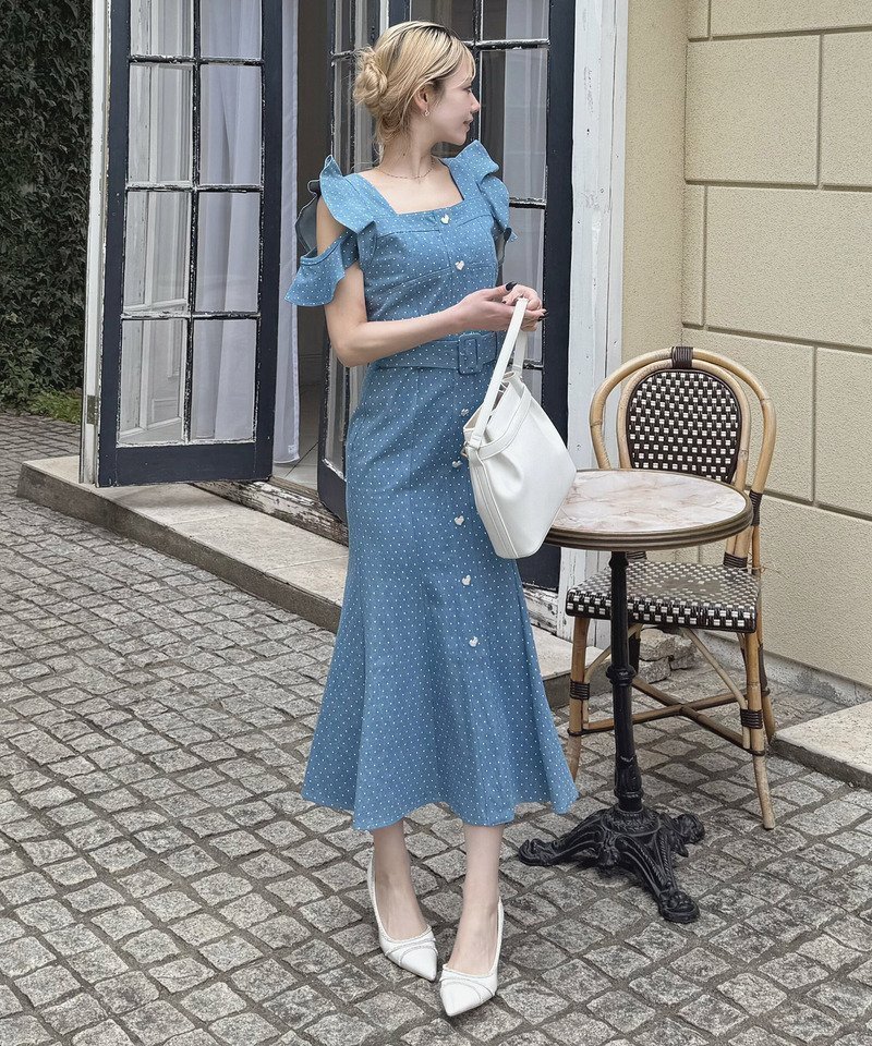 【ロイヤルパーティー/ROYAL PARTY】のハートボタンラッフルスリーブドットワンピース インテリア・キッズ・メンズ・レディースファッション・服の通販 founy(ファウニー) 　ファッション　Fashion　レディースファッション　Fashion for Women　ワンピース　Dresses　シャーリング　Shirring, Ruched　ドット　Polka Dot, Dot Pattern　フロント　Front, Front Design　切替　Switching, Contrast Panel　ブリーチ|ID: prp329100004976467 ipo3291000000037301930