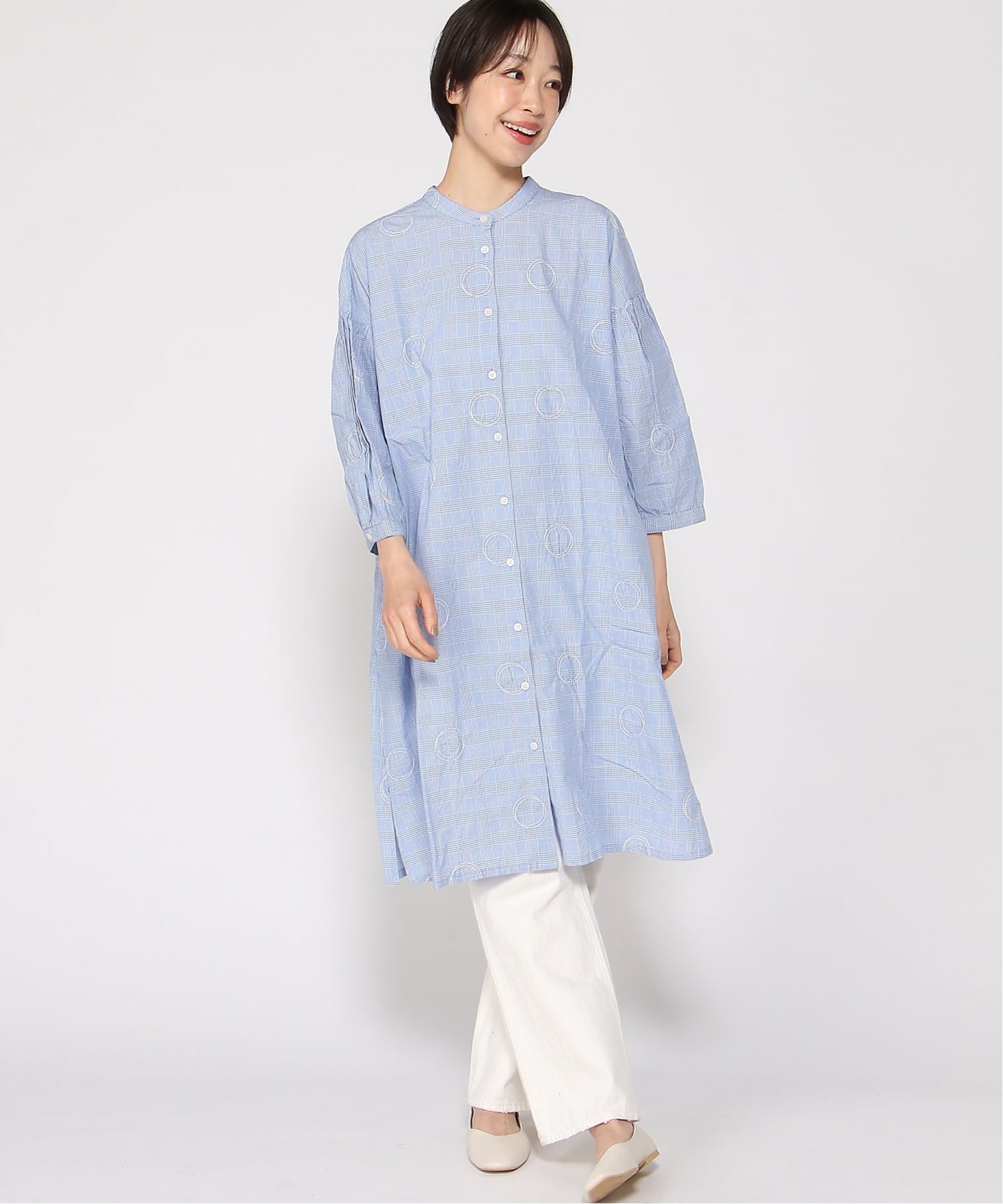 【クラウドナイン/cloudnine】のcloudnine/【2026 新作】チェック柄ドット刺繍ワンピース 前開きコットン ナチュラル 体型カバー ワンピ インテリア・キッズ・メンズ・レディースファッション・服の通販 founy(ファウニー) 　ファッション　Fashion　レディースファッション　Fashion for Women　ワンピース　Dresses　エンブロイダリー　Embroidery Design　チェック　Check, Plaid, Tartan　ドット　Polka Dot, Dot Pattern　プリント　Print, Printed Pattern　80 ブルー|ID: prp329100004976482 ipo3291000000037301986