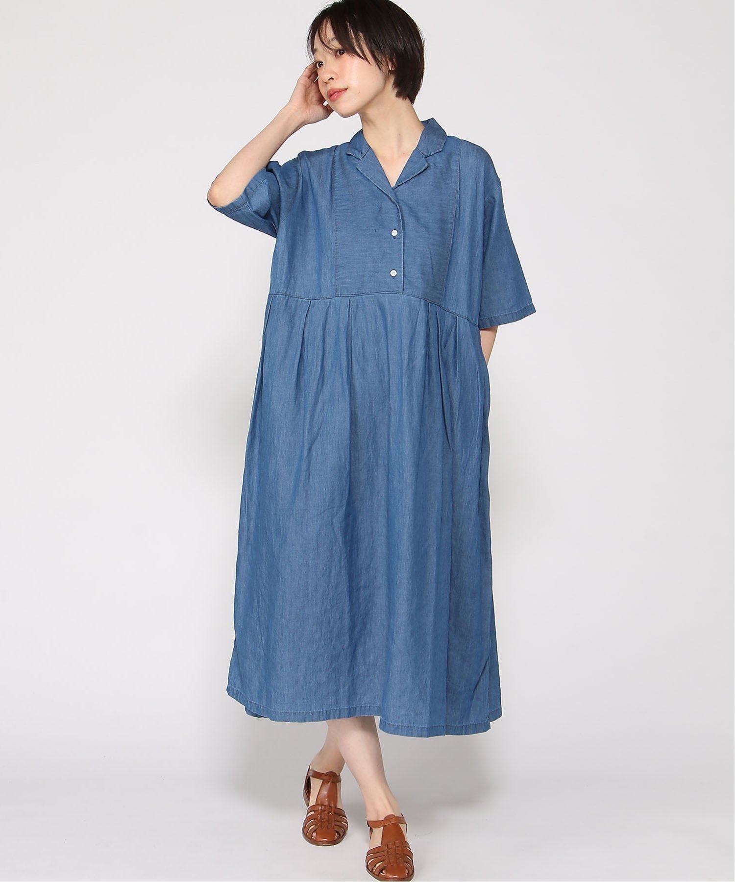 【クラウドナイン/cloudnine】のcloudnine/【2026 新作】デニムワンピース オープンカラー前開きワンピース 体型カバー ナチュラルワンピ インテリア・キッズ・メンズ・レディースファッション・服の通販 founy(ファウニー) 　ファッション　Fashion　レディースファッション　Fashion for Women　ワンピース　Dresses　ショート　Short, Short Length　スリーブ　Sleeve, Long Sleeve / Short Sleeve　デニム　Denim, Jeans Material　フォルム　Silhouette, Form　無地　Plain, Solid Color　80 ブルー|ID: prp329100004976483 ipo3291000000037301989