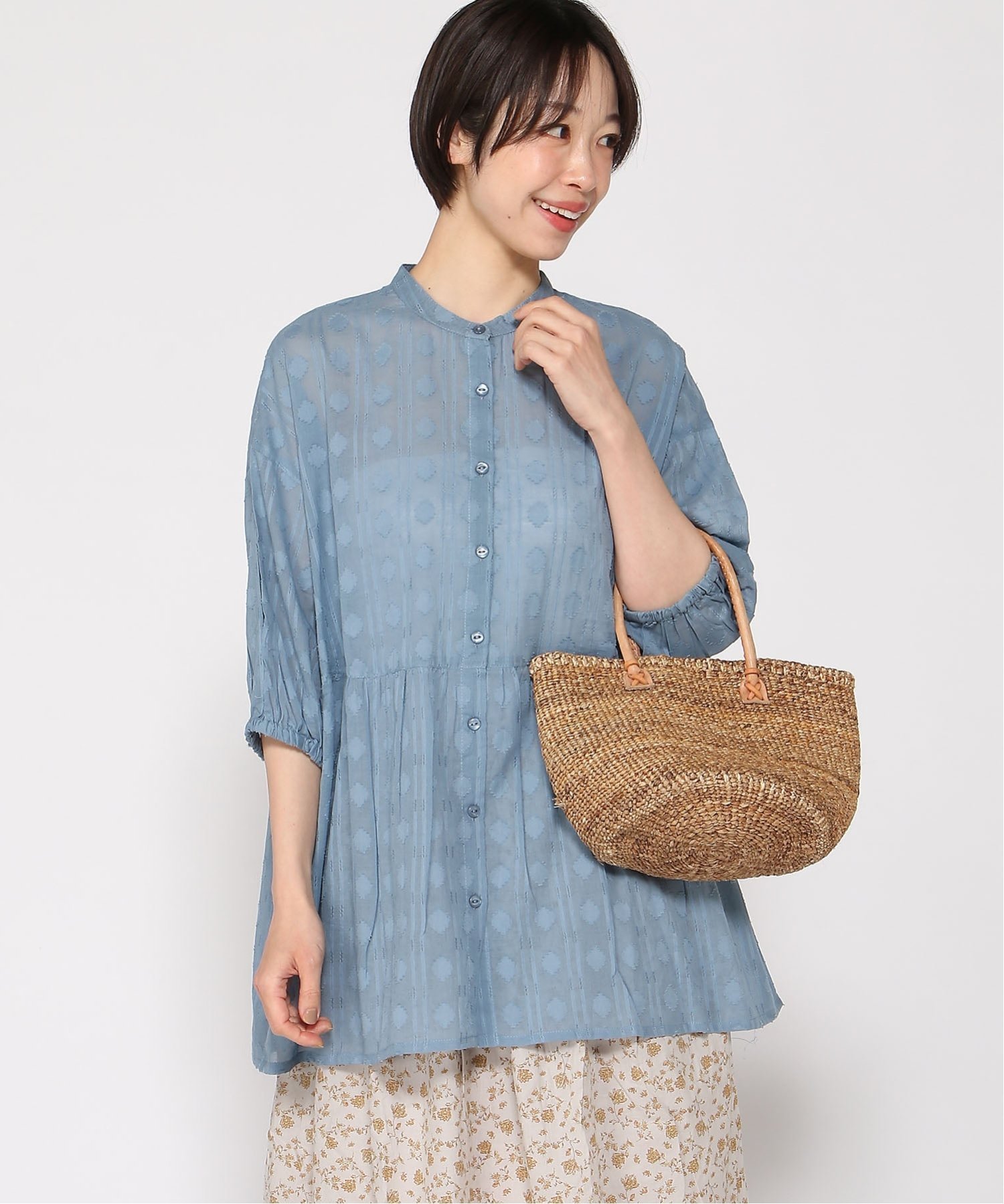 【クラウドナイン/cloudnine】のcloudnine/【2026 新作】ジャカード織りが上品に映える コットンチュニック 体型カバー7分袖トップス インテリア・キッズ・メンズ・レディースファッション・服の通販 founy(ファウニー) 　ファッション　Fashion　レディースファッション　Fashion for Women　トップス・カットソー　Cut & Sew Tops　キャミソール　Camisole, Spaghetti Strap Top　ジャカード／ジャガード　Jacquard, Woven Pattern　タンク　Tank Top, Sleeveless Top　チュニック　Tunic, Long Top　エレガント 上品　Elegant　80 ブルー|ID: prp329100004976484 ipo3291000000037301994