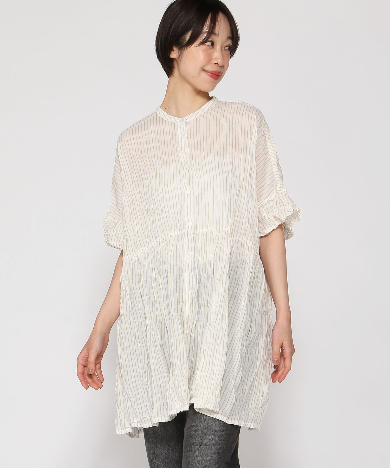 【クラウドナイン/cloudnine】のcloudnine/【2026 新作】コットンガーゼストライプチュニック クリンクル加工 ナチュラル体型カバートップス 大人の最旬トレンドファッション＆コーディネート founy(ファウニー) 　ファッション　Fashion　レディースファッション　Fashion for Women　トップス・カットソー　Cut & Sew Tops　イエロー　Yellow　サマー　Summer, Summer Style　 other-1|ID: prp329100004976486 ipo3291000000037301999