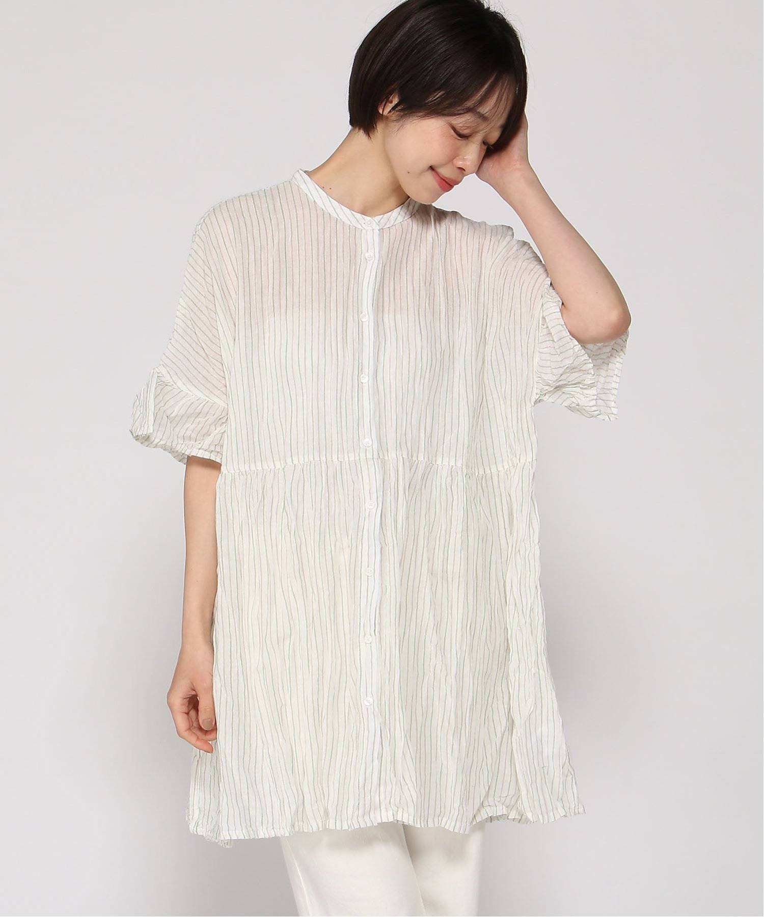【クラウドナイン/cloudnine】のcloudnine/【2026 新作】コットンガーゼストライプチュニック クリンクル加工 ナチュラル体型カバートップス インテリア・キッズ・メンズ・レディースファッション・服の通販 founy(ファウニー) 　ファッション　Fashion　レディースファッション　Fashion for Women　トップス・カットソー　Cut & Sew Tops　イエロー　Yellow　サマー　Summer, Summer Style　70 グリーン|ID: prp329100004976486 ipo3291000000037302001