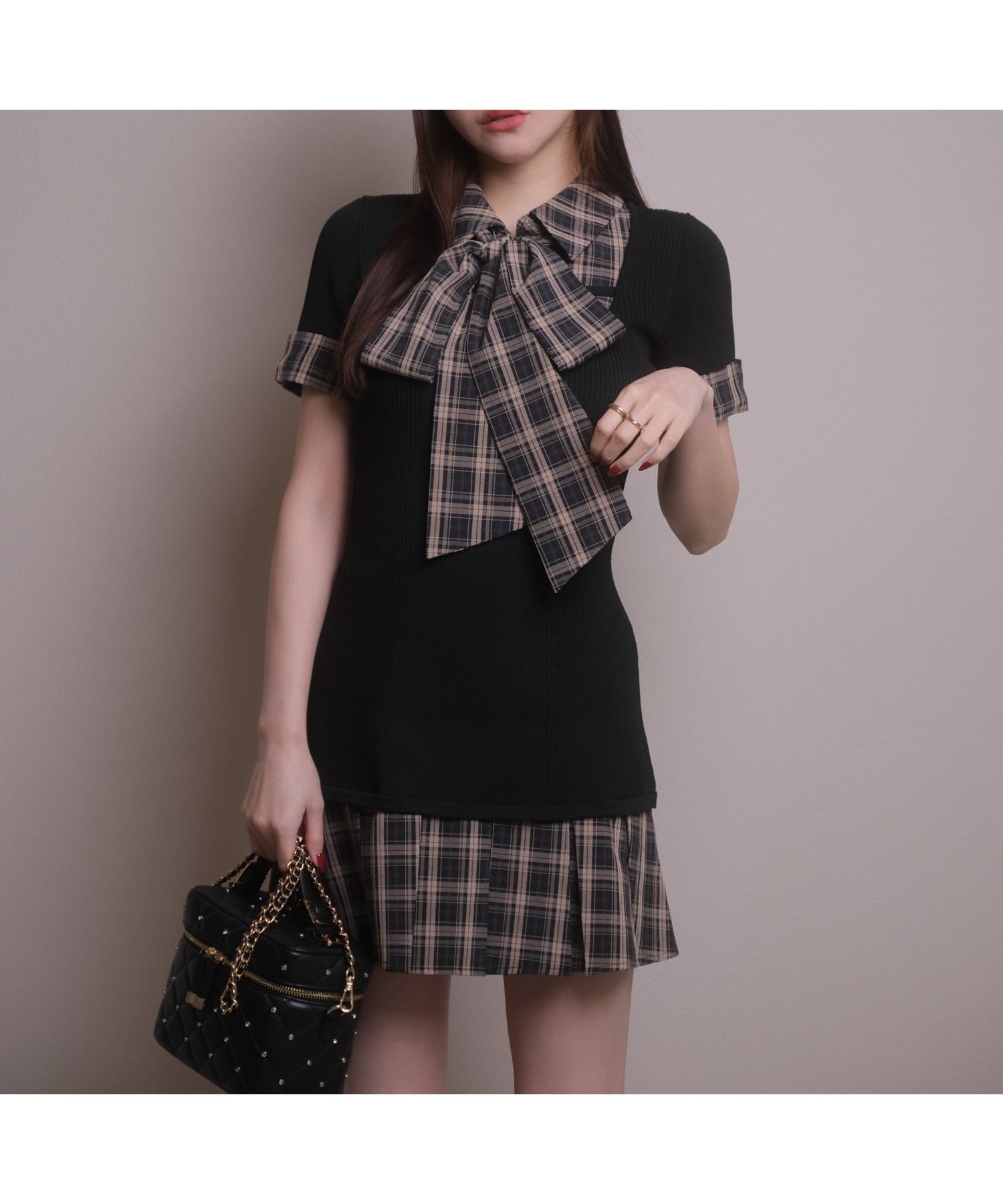 【リップサービス/LIP SERVICE】のLIP SERVICE/リボンシャツドッキングワンピース インテリア・キッズ・メンズ・レディースファッション・服の通販 founy(ファウニー) 　ファッション　Fashion　レディースファッション　Fashion for Women　ワンピース　Dresses　ガーリー　Girly, Feminine Style　サンダル　Sandals, Summer Shoes　ストライプ　Stripe, Striped Pattern　スニーカー　Sneakers, Trainers　ダウン　Down, Puffer　チェック　Check, Plaid, Tartan　ドッキング　Docking, Mixed Material　フィット　Fit, Slim Fit　プリーツ　Pleats, Pleated　リボン　Ribbon, Bow　おすすめ　Recommended / Our Picks　夏　Summer　エレガント 上品　Elegant　ブラック|ID: prp329100004976488 ipo3291000000037302010