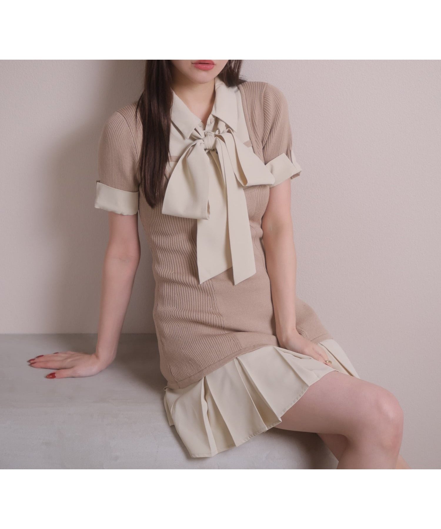 【リップサービス/LIP SERVICE】のLIP SERVICE/リボンシャツドッキングワンピース インテリア・キッズ・メンズ・レディースファッション・服の通販 founy(ファウニー) 　ファッション　Fashion　レディースファッション　Fashion for Women　ワンピース　Dresses　ガーリー　Girly, Feminine Style　サンダル　Sandals, Summer Shoes　ストライプ　Stripe, Striped Pattern　スニーカー　Sneakers, Trainers　ダウン　Down, Puffer　チェック　Check, Plaid, Tartan　ドッキング　Docking, Mixed Material　フィット　Fit, Slim Fit　プリーツ　Pleats, Pleated　リボン　Ribbon, Bow　おすすめ　Recommended / Our Picks　夏　Summer　エレガント 上品　Elegant　ベージュ|ID: prp329100004976488 ipo3291000000037302011