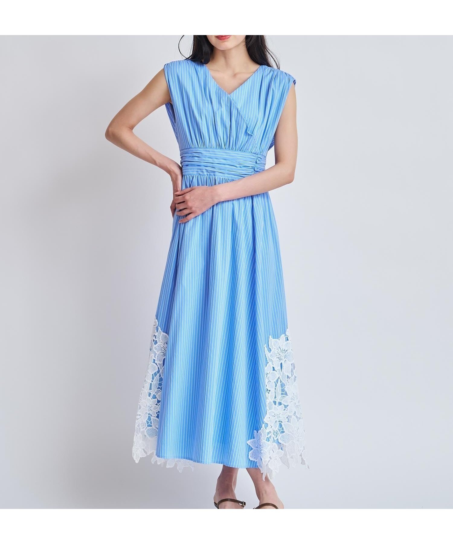【ノエラ/Noela】のヘムレーストリムワンピース インテリア・キッズ・メンズ・レディースファッション・服の通販 founy(ファウニー) 　ファッション　Fashion　レディースファッション　Fashion for Women　ワンピース　Dresses　ストライプ　Stripe, Striped Pattern　フェミニン　Feminine, Girly　ポケット　Pocket, Pocket Detail　レース　Lace, Lace Fabric　エレガント 上品　Elegant　ブルー|ID: prp329100004976497 ipo3291000000037302035