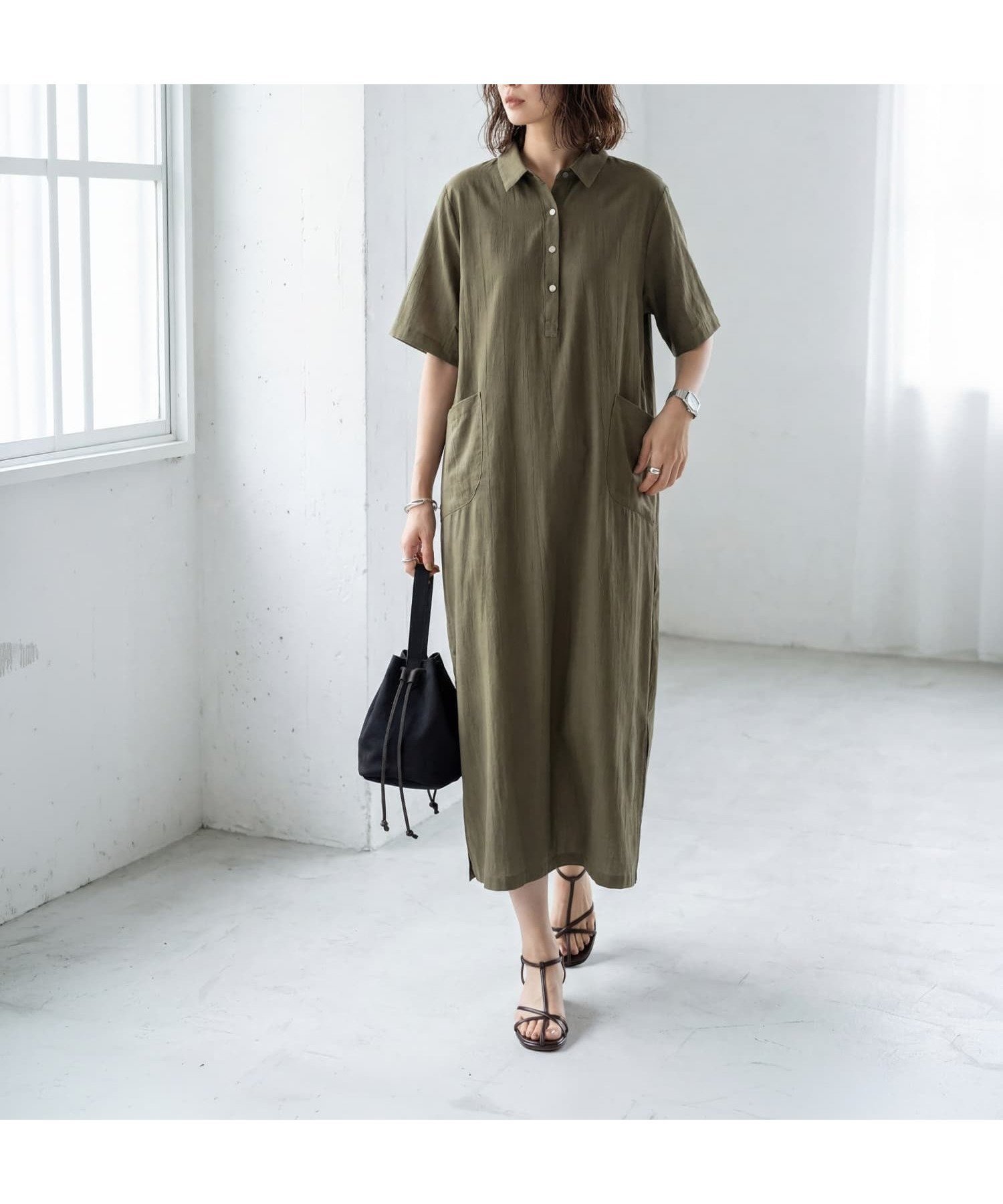 【スタイルデリ/STYLE DELI】の薄手でシックなしなやか5分袖シャツワンピース インテリア・キッズ・メンズ・レディースファッション・服の通販 founy(ファウニー) 　ファッション　Fashion　レディースファッション　Fashion for Women　ワンピース　Dresses　シャツワンピース / 1枚で着映えコーデ　Shirt Dresses　秋　Autumn　くるぶし　Ankle-Length　カーディガン　Cardigan, Knitwear　シルバー　Silver, Metallic Silver　シンプル　Simple, Minimal　ジャケット　Jacket, Outerwear　スタイリッシュ　Stylish, Fashionable　スニーカー　Sneakers, Trainers　スリット　Slit, Slit Detail　定番　Standard, Basic Item　フラット　Flat, Flat Shoes　フロント　Front, Front Design　ブルゾン　Blouson, Bomber Jacket　ポケット　Pocket, Pocket Detail　リアル　Real, Realistic　ロング　Long, Long-Length　冬　Winter / This Winter　A/W・秋冬　Autumn/Winter　エレガント 上品　Elegant　カーキ|ID: prp329100004976515 ipo3291000000037302091