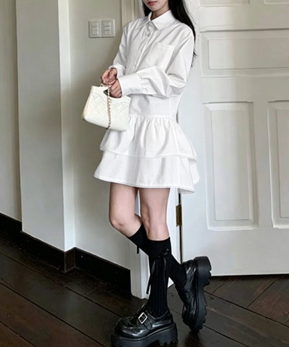 【ミニミニストア/miniministore】のティアードチュニックシャツワンピース長袖 インテリア・キッズ・メンズ・レディースファッション・服の通販 founy(ファウニー) 　ファッション　Fashion　レディースファッション　Fashion for Women　ワンピース　Dresses　シャツワンピース / 1枚で着映えコーデ　Shirt Dresses　チュニック　Tunic Tops & Dresses　おすすめ　Recommended / Our Picks　ガーリー　Girly, Feminine Style　ショート　Short, Short Length　ティアード　Tiered, Tiered Style　フェミニン　Feminine, Girly　ロング　Long, Long-Length　夏　Summer　春　Spring　S/S・春夏　SS, Spring/Summer, Warm Season　長袖　Long Sleeve, Full Sleeve　ホワイト|ID: prp329100004976570 ipo3291000000037302299