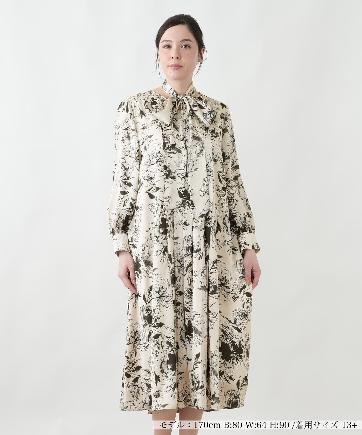 【レリアンプラスハウス/Leilian PLUS HOUSE】の【店舗人気】花柄ワンピース インテリア・キッズ・メンズ・レディースファッション・服の通販 founy(ファウニー) 　ファッション　Fashion　レディースファッション　Fashion for Women　ワンピース　Dresses　イタリア　Italy　ウォッシャブル　Machine Washable　サテン　Satin, Glossy Fabric　ジャケット　Jacket, Outerwear　ドレープ　Drape, Draping Fabric　プリント　Print, Printed Pattern　ポケット　Pocket, Pocket Detail　エレガント 上品　Elegant　人気　Popular, Best Seller　夏　Summer　ベージュ|ID: prp329100004976571 ipo3291000000037302301