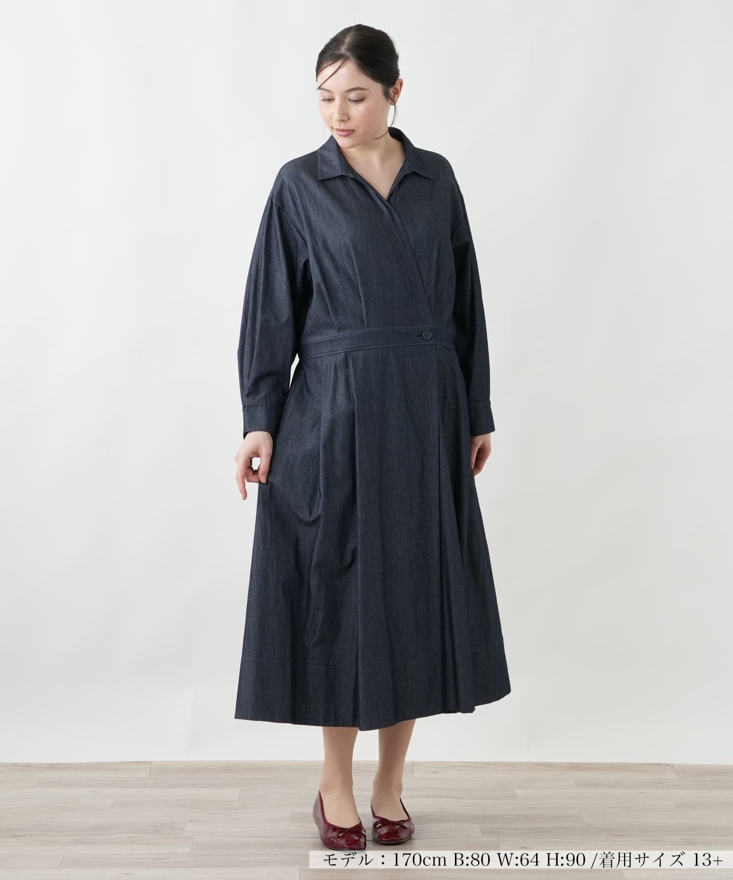 【レリアンプラスハウス/Leilian PLUS HOUSE】のカシュクールワンピース【Rich 1-mile】 インテリア・キッズ・メンズ・レディースファッション・服の通販 founy(ファウニー) 　ファッション　Fashion　レディースファッション　Fashion for Women　ワンピース　Dresses　ウォッシャブル　Machine Washable　エレガント 上品　Elegant　カシュクール　Wrap Design　ギャザー　Gathered, Ruffled　クラシカル　Classical, Vintage-Inspired　デニム　Denim, Jeans Material　フレア　Flare, Flared　ポケット　Pocket, Pocket Detail　夏　Summer　軽量　Lightweight, Ultra Light　ネイビー系|ID: prp329100004976574 ipo3291000000037302307