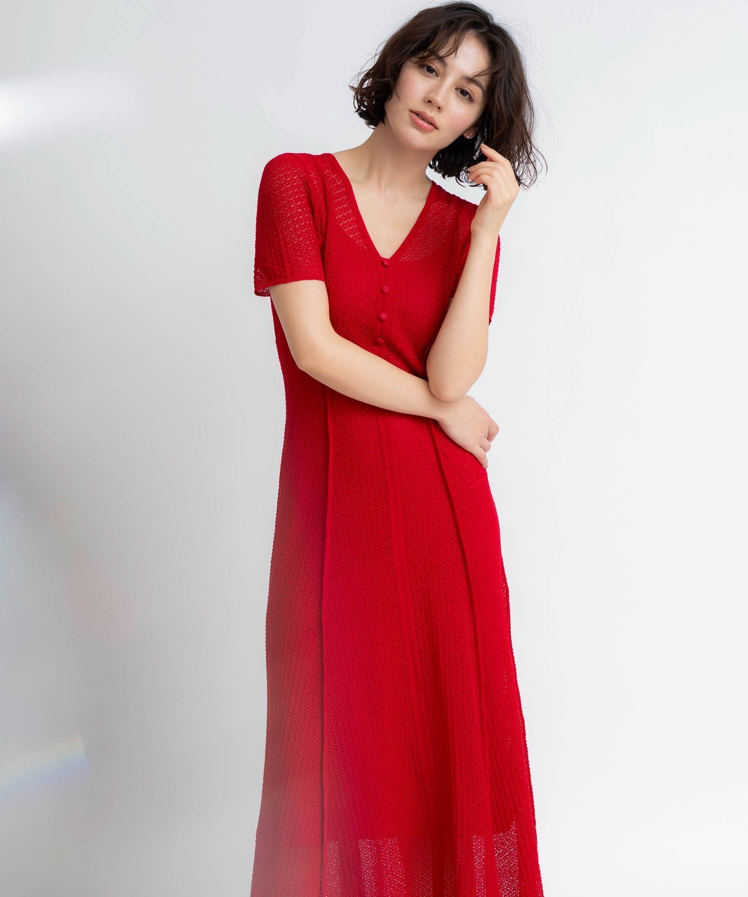 【ノエラ/Noela】のレースニットワンピース インテリア・キッズ・メンズ・レディースファッション・服の通販 founy(ファウニー) 　ファッション　Fashion　レディースファッション　Fashion for Women　ワンピース　Dresses　ニットワンピース　Knit Dresses　インナー　Innerwear　インナーキャミ　Inner Camisole　コンパクト　Compact, Small Size　フィット　Fit, Slim Fit　フレア　Flare, Flared　ポケット　Pocket, Pocket Detail　レース　Lace, Lace Fabric　羽織　Haori, Light Jacket　レッド|ID: prp329100004976590 ipo3291000000037302356