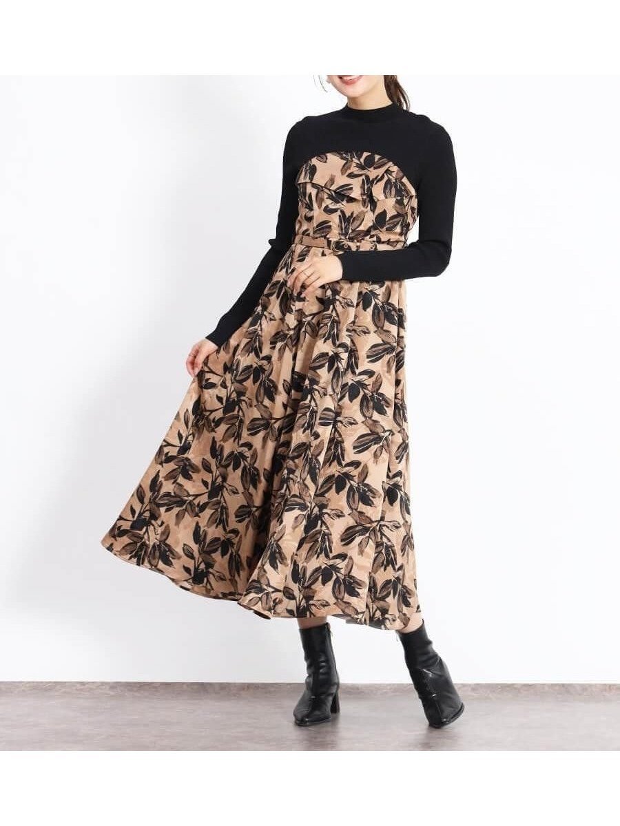 【ヴァン/Vin】のリーフジャガードドッキングビスチェワンピ インテリア・キッズ・メンズ・レディースファッション・服の通販 founy(ファウニー) 　ファッション　Fashion　レディースファッション　Fashion for Women　ワンピース　Dresses　カーディガン　Cardigan, Knitwear　シャーリング　Shirring, Ruched　ジャケット　Jacket, Outerwear　ドッキング　Docking, Mixed Material　フェミニン　Feminine, Girly　フォーマル　Formal, Dressy　フレア　Flare, Flared　プリント　Print, Printed Pattern　リーフ　Leaf, Botanical Leaf　エレガント 上品　Elegant　ビジネス 仕事 通勤　Business / Work / Commuting　キャメル|ID: prp329100004976602 ipo3291000000037302397