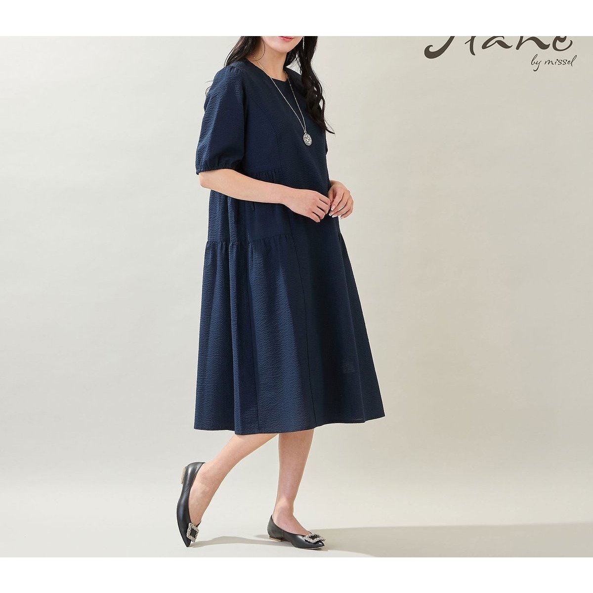 【ミゼール/MISSEL】の【洗える・M~3Lサイズ】ティアードワンピース インテリア・キッズ・メンズ・レディースファッション・服の通販 founy(ファウニー) 　ファッション　Fashion　レディースファッション　Fashion for Women　ワンピース　Dresses　エレガント 上品　Elegant　春　Spring　洗える　Machine Washable　シューズ　Shoes, Footwear　ストレッチ　Stretch, Stretchy Fabric　ティアードワンピース　Tiered Dress, Flared Dress　フラット　Flat, Flat Shoes　フロント　Front, Front Design　リボン　Ribbon, Bow　S/S・春夏　SS, Spring/Summer, Warm Season　おすすめ　Recommended / Our Picks　夏　Summer　ダークブルー|ID: prp329100004976608 ipo3291000000037302415