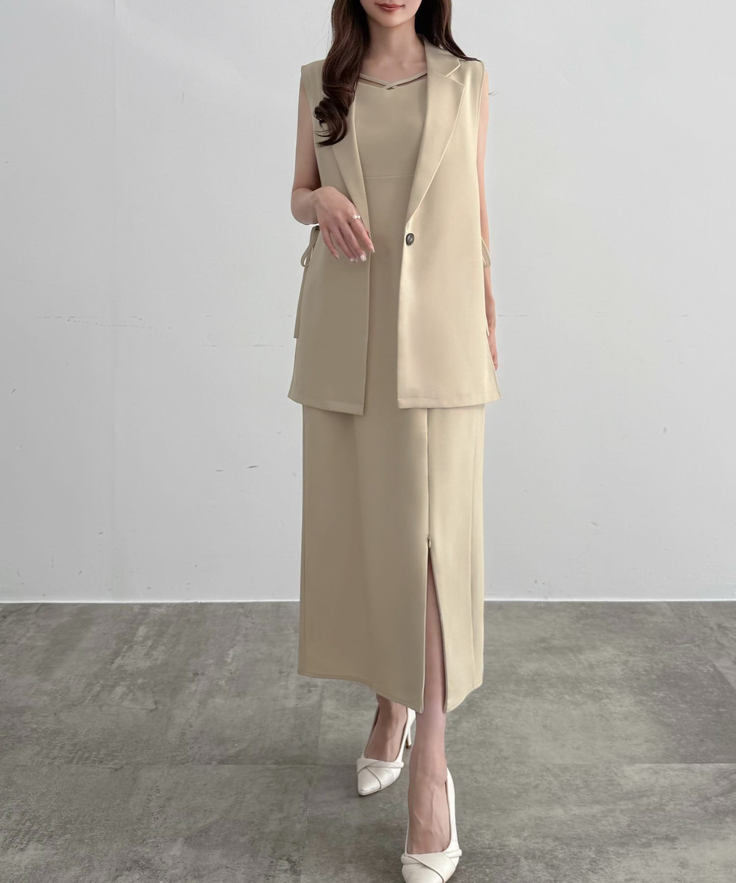 【ジュノア/JUNOAH】のCENEA サイドリボンジレ+IラインキャミワンピースSET インテリア・キッズ・メンズ・レディースファッション・服の通販 founy(ファウニー) 　ファッション　Fashion　レディースファッション　Fashion for Women　アウター　Coat / Outerwear Collection　ワンピース　Dresses　キャミソールワンピース　Camisole Dresses　アイボリー|ID: prp329100004976632 ipo3291000000037302498