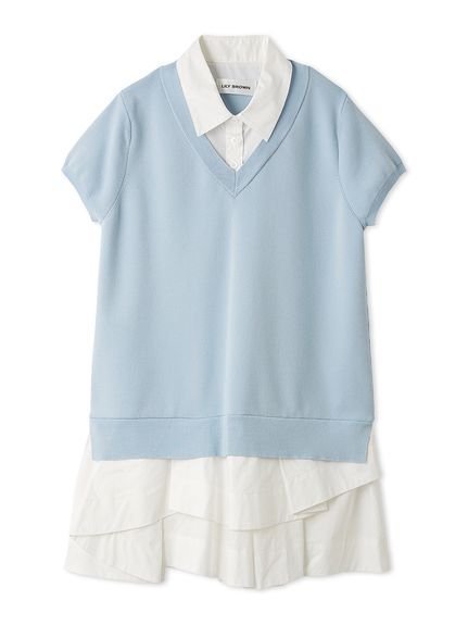 【リリーブラウン/Lily Brown】のシャツドッキングラッフルワンピース インテリア・キッズ・メンズ・レディースファッション・服の通販 founy(ファウニー) 　ファッション　Fashion　レディースファッション　Fashion for Women　ワンピース　Dresses　キャップ　Cap, Baseball Cap　コンパクト　Compact, Small Size　ショート　Short, Short Length　スマート　Smart, Elegant　スリーブ　Sleeve, Long Sleeve / Short Sleeve　ティアードスカート　Tiered Skirt, Flounced Skirt　ドッキング　Docking, Mixed Material　人気　Popular, Best Seller　半袖　Short Sleeve, Half Sleeve　BLU[086]|ID: prp329100004976636 ipo3291000000037302512