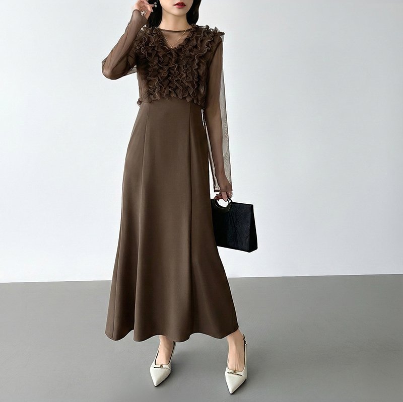 【ココモモ/COCOMOMO】のシアー*チュールの3点セットドレス パーティードレス 結婚式 ワンピース インテリア・キッズ・メンズ・レディースファッション・服の通販 founy(ファウニー) 　ファッション　Fashion　レディースファッション　Fashion for Women　ワンピース　Dresses　フォーマル・パーティードレス・結婚式用ドレス　Elegant & Casual Dresses　エレガント 上品　Elegant　シアー　Sheer, See-Through　チュール　Tulip, Tulip Motif　ドレス　Dress, One-Piece　なめらか　Smooth, Silky Texture　長袖　Long Sleeve, Full Sleeve　フレア　Flare, Flared　ベスト　Vest, Waistcoat　ロング　Long, Long-Length　冬　Winter / This Winter　A/W・秋冬　Autumn/Winter　S/S・春夏　SS, Spring/Summer, Warm Season　プチプライス・低価格　Affordable / Budget Price　夏　Summer　卒業式　Graduation Ceremony　結婚式　Wedding　披露宴　Wedding Reception　ダークブラウン|ID: prp329100004976652 ipo3291000000037302563