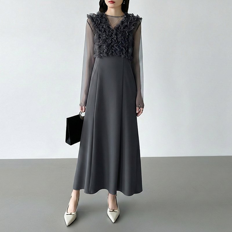 【ココモモ/COCOMOMO】のシアー*チュールの3点セットドレス パーティードレス 結婚式 ワンピース インテリア・キッズ・メンズ・レディースファッション・服の通販 founy(ファウニー) 　ファッション　Fashion　レディースファッション　Fashion for Women　ワンピース　Dresses　フォーマル・パーティードレス・結婚式用ドレス　Elegant & Casual Dresses　エレガント 上品　Elegant　シアー　Sheer, See-Through　チュール　Tulip, Tulip Motif　ドレス　Dress, One-Piece　なめらか　Smooth, Silky Texture　長袖　Long Sleeve, Full Sleeve　フレア　Flare, Flared　ベスト　Vest, Waistcoat　ロング　Long, Long-Length　冬　Winter / This Winter　A/W・秋冬　Autumn/Winter　S/S・春夏　SS, Spring/Summer, Warm Season　プチプライス・低価格　Affordable / Budget Price　夏　Summer　卒業式　Graduation Ceremony　結婚式　Wedding　披露宴　Wedding Reception　ダークグレー|ID: prp329100004976652 ipo3291000000037302564