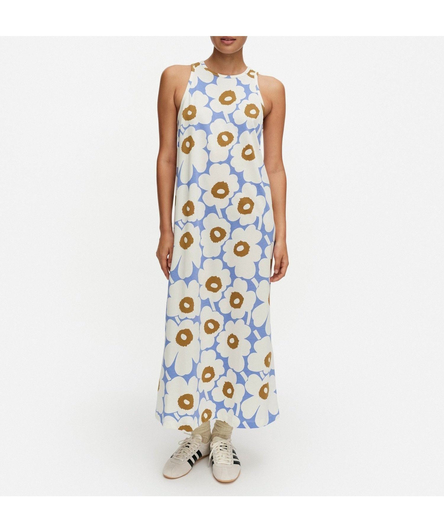 【マリメッコ/marimekko】の【フィンランド・アジア限定】Sh Erilainen Unikko ワンピース インテリア・キッズ・メンズ・レディースファッション・服の通販 founy(ファウニー) 　ファッション　Fashion　レディースファッション　Fashion for Women　ワンピース　Dresses　スタイリッシュ　Stylish, Fashionable　ストレート　Straight, Straight Cut　スリム　Slim, Slim Fit　フィット　Fit, Slim Fit　ラウンド　Round, Round Neck　ロング　Long, Long-Length　夏　Summer　春　Spring　S/S・春夏　SS, Spring/Summer, Warm Season　ホワイト×ブルー×ブラウン|ID: prp329100004976659 ipo3291000000037302585