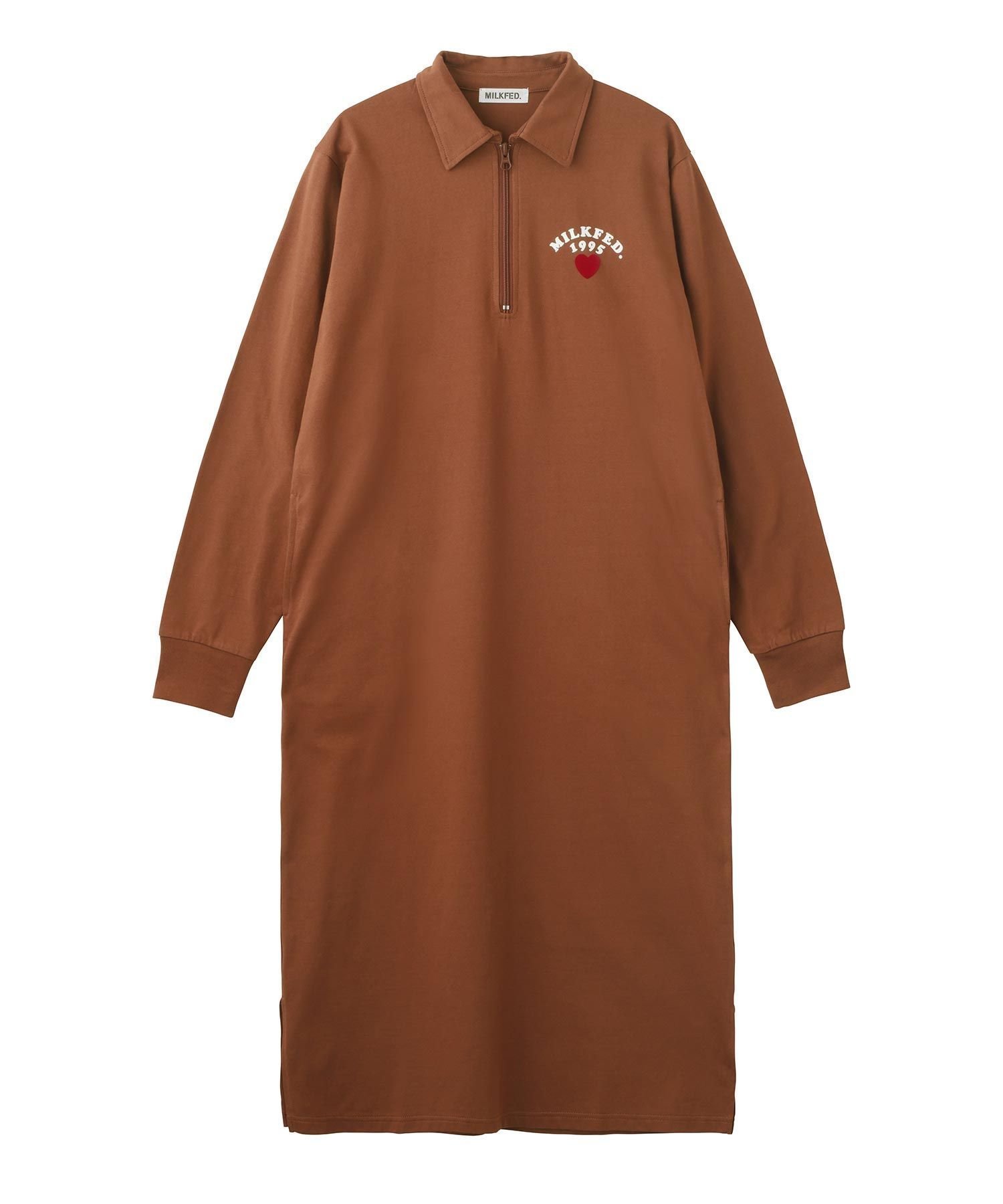 【ミルクフェド/MILKFED.】のHALF ZIP DRESS インテリア・キッズ・メンズ・レディースファッション・服の通販 founy(ファウニー) 　ファッション　Fashion　レディースファッション　Fashion for Women　ワンピース　Dresses　フォーマル・パーティードレス・結婚式用ドレス　Elegant & Casual Dresses　インナー　Innerwear　カットソー　Cut and Sewn Top　シンプル　Simple, Minimal　スリット　Slit, Slit Detail　トレンド　Trend, Trending Now　マキシ　Maxi, Full Length　リラックス　Relax, Relaxed Fit　ルーズ　Loose, Oversized　BROWN|ID: prp329100004976689 ipo3291000000037302698