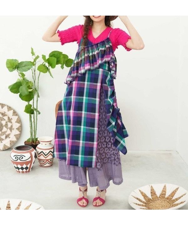 【アミナコレクション/Amina Collection】の【チャイハネ】サリィアキャミワンピース 大人の最旬トレンドファッション＆コーディネート founy(ファウニー) 　ファッション　Fashion　レディースファッション　Fashion for Women　ワンピース　Dresses　キャミソールワンピース　Camisole Dresses　インド　Indian Textile　ストリング　String, Drawstring　チェック　Check, Plaid, Tartan　 other-1|ID: prp329100004976708 ipo3291000000037302761