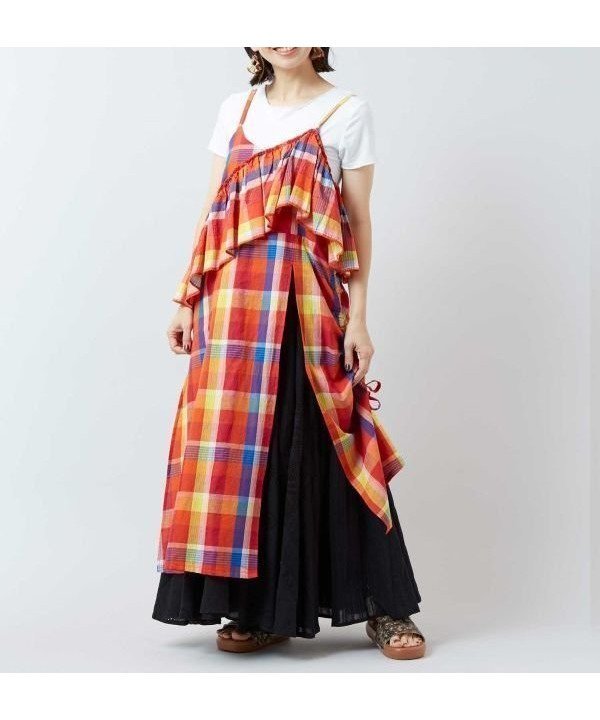 【アミナコレクション/Amina Collection】の【チャイハネ】サリィアキャミワンピース インテリア・キッズ・メンズ・レディースファッション・服の通販 founy(ファウニー) 　ファッション　Fashion　レディースファッション　Fashion for Women　ワンピース　Dresses　キャミソールワンピース　Camisole Dresses　インド　Indian Textile　ストリング　String, Drawstring　チェック　Check, Plaid, Tartan　オレンジ|ID: prp329100004976708 ipo3291000000037302764