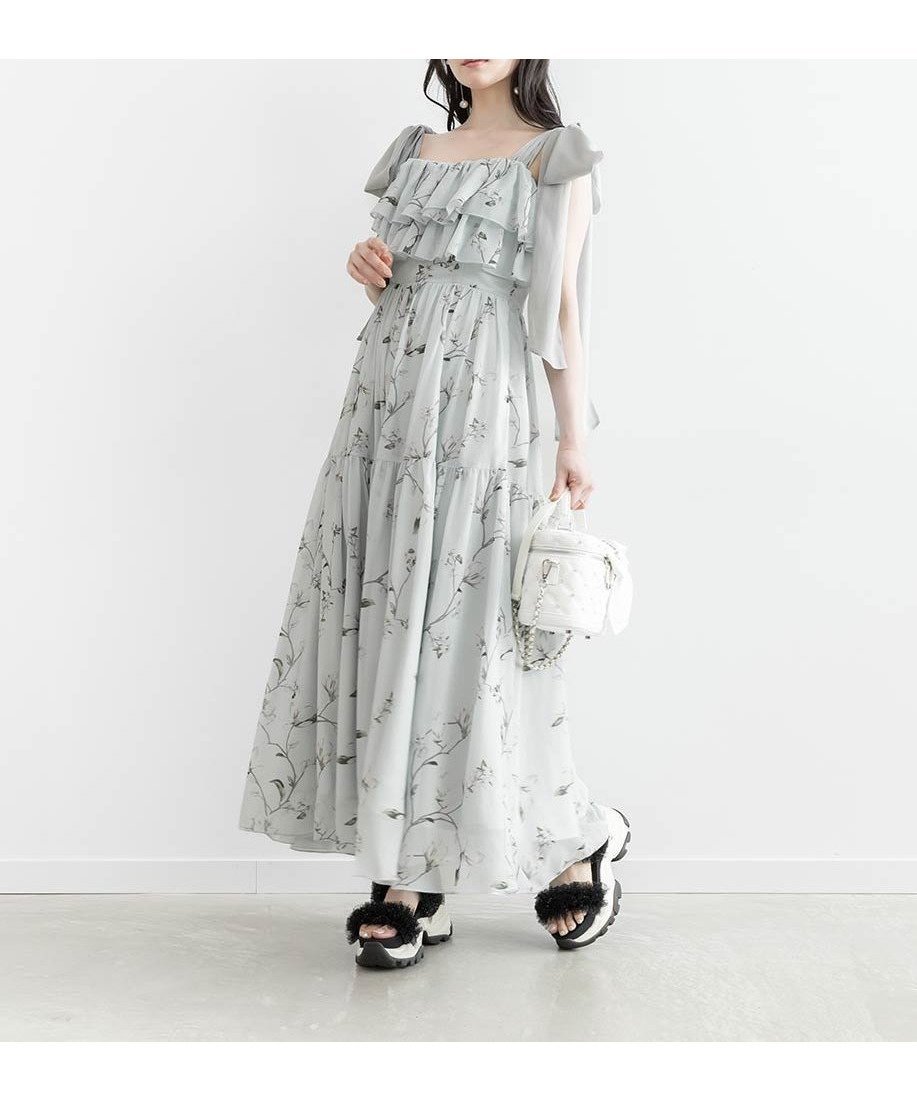 【ランダ/RANDA】のシアーリボンショルダーティアードワンピース インテリア・キッズ・メンズ・レディースファッション・服の通販 founy(ファウニー) 　ファッション　Fashion　レディースファッション　Fashion for Women　ワンピース　Dresses　カーディガン　Cardigan, Knitwear　ギャザー　Gathered, Ruffled　サンダル　Sandals, Summer Shoes　シアー　Sheer, See-Through　シフォン　Chiffon, Lightweight Fabric　シャーリング　Shirring, Ruched　ショルダー　Shoulder, Shoulder Strap　フィット　Fit, Slim Fit　フェミニン　Feminine, Girly　フラワー　Flower, Floral　フリル　Frill, Ruffle　プリント　Print, Printed Pattern　リボン　Ribbon, Bow　BLUE|ID: prp329100004976771 ipo3291000000037302966