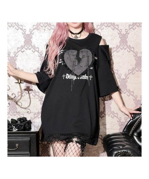 【ノエミ/NOEMIE】のハートモチーフ安ピン肩ZIPTシャツ インテリア・キッズ・メンズ・レディースファッション・服の通販 founy(ファウニー) 　ファッション　Fashion　レディースファッション　Fashion for Women　トップス・カットソー　Cut & Sew Tops　シャツ・ブラウス・オフィスカジュアル　Elegant Blouses & Button-Ups　ロングTシャツ・Tシャツ　Longline T-Shirts & Tees　カットソー　Cut and Sewn Top　チェーン　Chain, Chain Strap　モチーフ　Motif, Design Theme　レース　Lace, Lace Fabric　黒|ID: prp329100004976794 ipo3291000000037303041