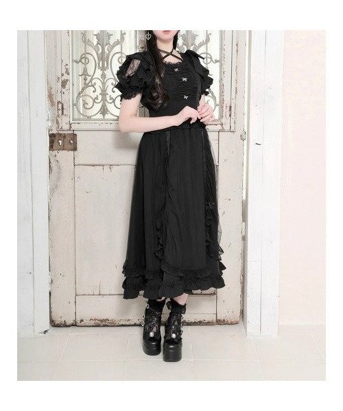 【ノエミ/NOEMIE】のショルダーリボンドロストプリンセスロングワンピース インテリア・キッズ・メンズ・レディースファッション・服の通販 founy(ファウニー) 　ファッション　Fashion　レディースファッション　Fashion for Women　ワンピース　Dresses　エレガント 上品　Elegant　フリル　Frill, Ruffle　リボン　Ribbon, Bow　レース　Lace, Lace Fabric　ロマンティック　Romantic, Feminine Style　黒|ID: prp329100004976796 ipo3291000000037303047