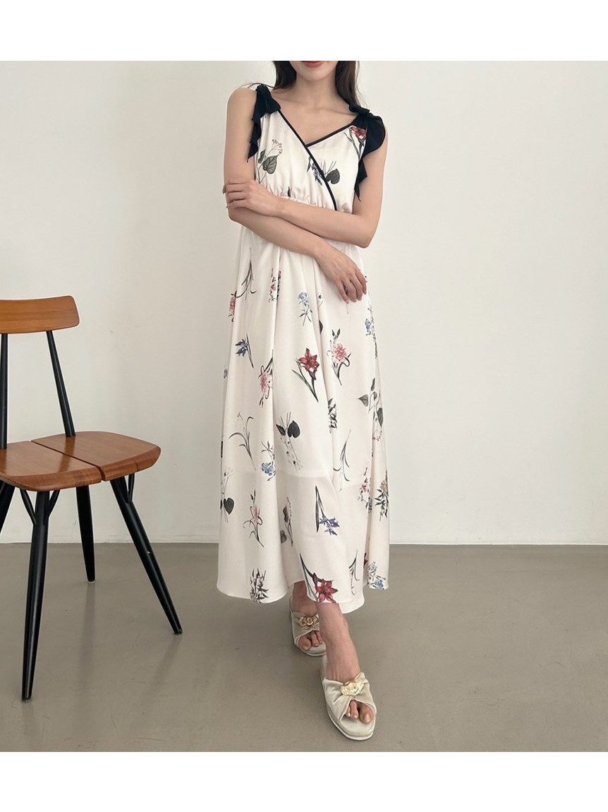 【スナイデル ホーム/SNIDEL HOME】の肩リボンプリントロングワンピース インテリア・キッズ・メンズ・レディースファッション・服の通販 founy(ファウニー) 　ファッション　Fashion　レディースファッション　Fashion for Women　ワンピース　Dresses　なめらか　Smooth, Silky Texture　イエロー　Yellow　カシュクール　Wrap Design　サテン　Satin, Glossy Fabric　シフォン　Chiffon, Lightweight Fabric　スマート　Smart, Elegant　パイピング　Piping, Trim Design　パターン　Pattern, Design Print　フラワー　Flower, Floral　リアル　Real, Realistic　リボン　Ribbon, Bow　IVR[003]|ID: prp329100004976809 ipo3291000000037303088