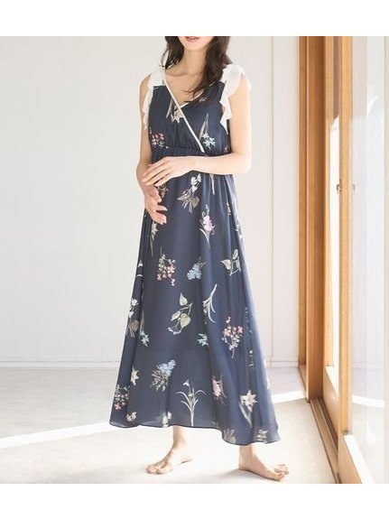 【スナイデル ホーム/SNIDEL HOME】の肩リボンプリントロングワンピース インテリア・キッズ・メンズ・レディースファッション・服の通販 founy(ファウニー) 　ファッション　Fashion　レディースファッション　Fashion for Women　ワンピース　Dresses　なめらか　Smooth, Silky Texture　イエロー　Yellow　カシュクール　Wrap Design　サテン　Satin, Glossy Fabric　シフォン　Chiffon, Lightweight Fabric　スマート　Smart, Elegant　パイピング　Piping, Trim Design　パターン　Pattern, Design Print　フラワー　Flower, Floral　リアル　Real, Realistic　リボン　Ribbon, Bow　NVY[089]|ID: prp329100004976809 ipo3291000000037303090