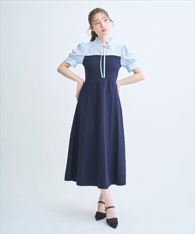 【スウィングル/Swingle】の【4/3(Fri)発売】フリル衿ニットドッキングワンピース インテリア・キッズ・メンズ・レディースファッション・服の通販 founy(ファウニー) 　ファッション　Fashion　レディースファッション　Fashion for Women　ワンピース　Dresses　クラシカル　Classical, Vintage-Inspired　ドッキング　Docking, Mixed Material　フィット　Fit, Slim Fit　フリル　Frill, Ruffle　フレア　Flare, Flared　リボン　Ribbon, Bow　エレガント 上品　Elegant　ネイビー|ID: prp329100004976862 ipo3291000000037303284