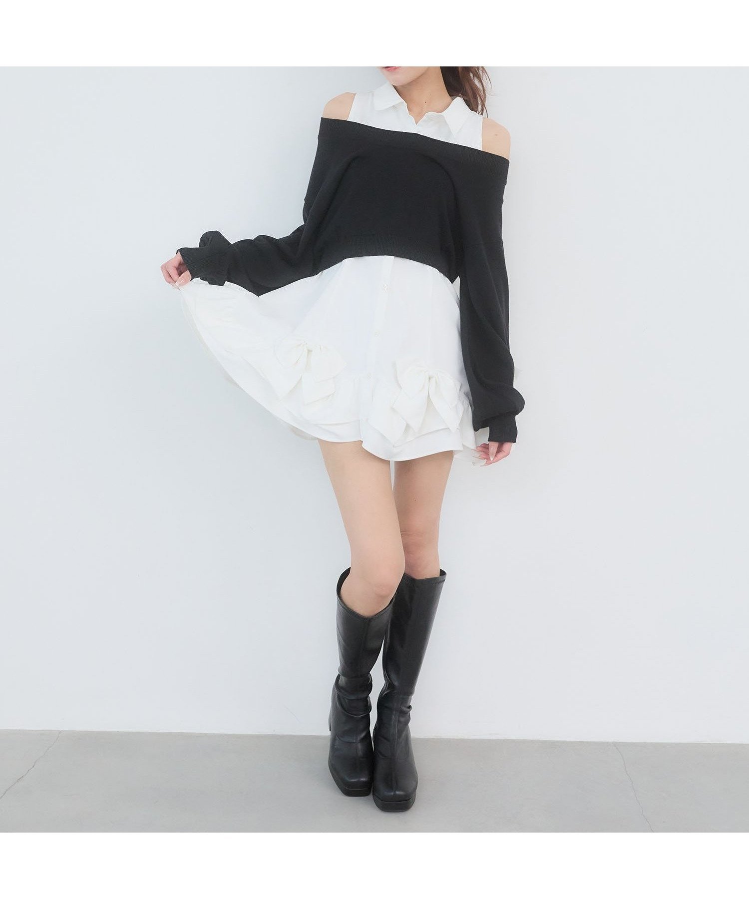 【マジェスティック レゴン/MAJESTIC LEGON】のニット×リボンシャツミニワンピ インテリア・キッズ・メンズ・レディースファッション・服の通販 founy(ファウニー) 　ファッション　Fashion　レディースファッション　Fashion for Women　ワンピース　Dresses　キャップ　Cap, Baseball Cap　ギャザー　Gathered, Ruffled　ショート　Short, Short Length　スニーカー　Sneakers, Trainers　ダウン　Down, Puffer　トレンド　Trend, Trending Now　ノースリーブ　Sleeveless, No-Sleeve　バランス　Balance, Style Balance　フィット　Fit, Slim Fit　フリル　Frill, Ruffle　ミュール　Mule, Backless Shoes　リボン　Ribbon, Bow　ロング　Long, Long-Length　再入荷　Restock / Back in Stock　おすすめ　Recommended / Our Picks　ブラック|ID: prp329100004976865 ipo3291000000037303295