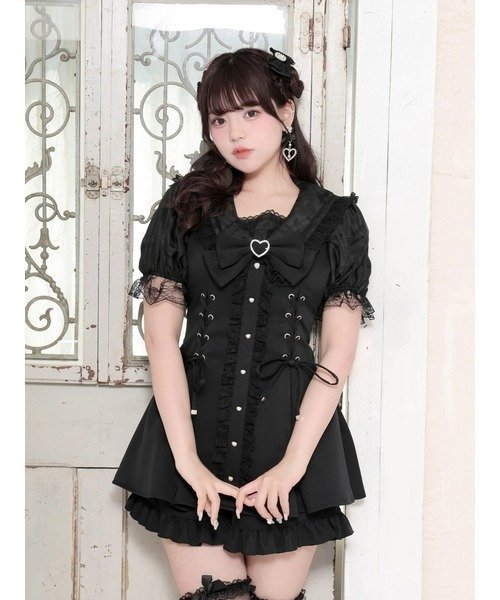 【ノエミ/NOEMIE】のキラキラレースアップセーラーセットアップ インテリア・キッズ・メンズ・レディースファッション・服の通販 founy(ファウニー) 　ファッション　Fashion　レディースファッション　Fashion for Women　セットアップ　Matching Sets　ガーリー　Girly, Feminine Style　ショート　Short, Short Length　セットアップ　Set-Up, Coordinated Outfit　ビジュー　Bijou, Jewel-like Accent　リボン　Ribbon, Bow　レース　Lace, Lace Fabric　黒|ID: prp329100004976920 ipo3291000000037303477