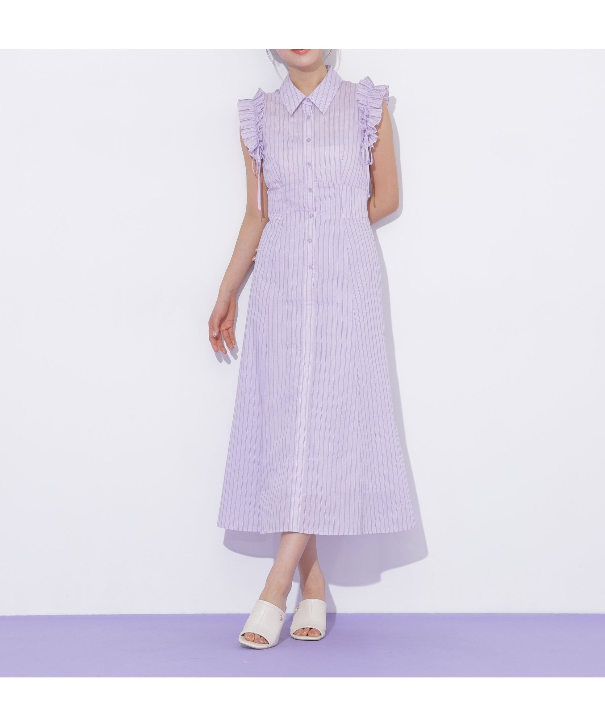【ジルバイジルスチュアート/JILL by JILLSTUART】のショルダーフリルワンピース インテリア・キッズ・メンズ・レディースファッション・服の通販 founy(ファウニー) 　ファッション　Fashion　レディースファッション　Fashion for Women　ワンピース　Dresses　ストライプ　Stripe, Striped Pattern　スマート　Smart, Elegant　フリル　Frill, Ruffle　人気　Popular, Best Seller　夏　Summer　春　Spring　S/S・春夏　SS, Spring/Summer, Warm Season　パープル1|ID: prp329100004976947 ipo3291000000037303563