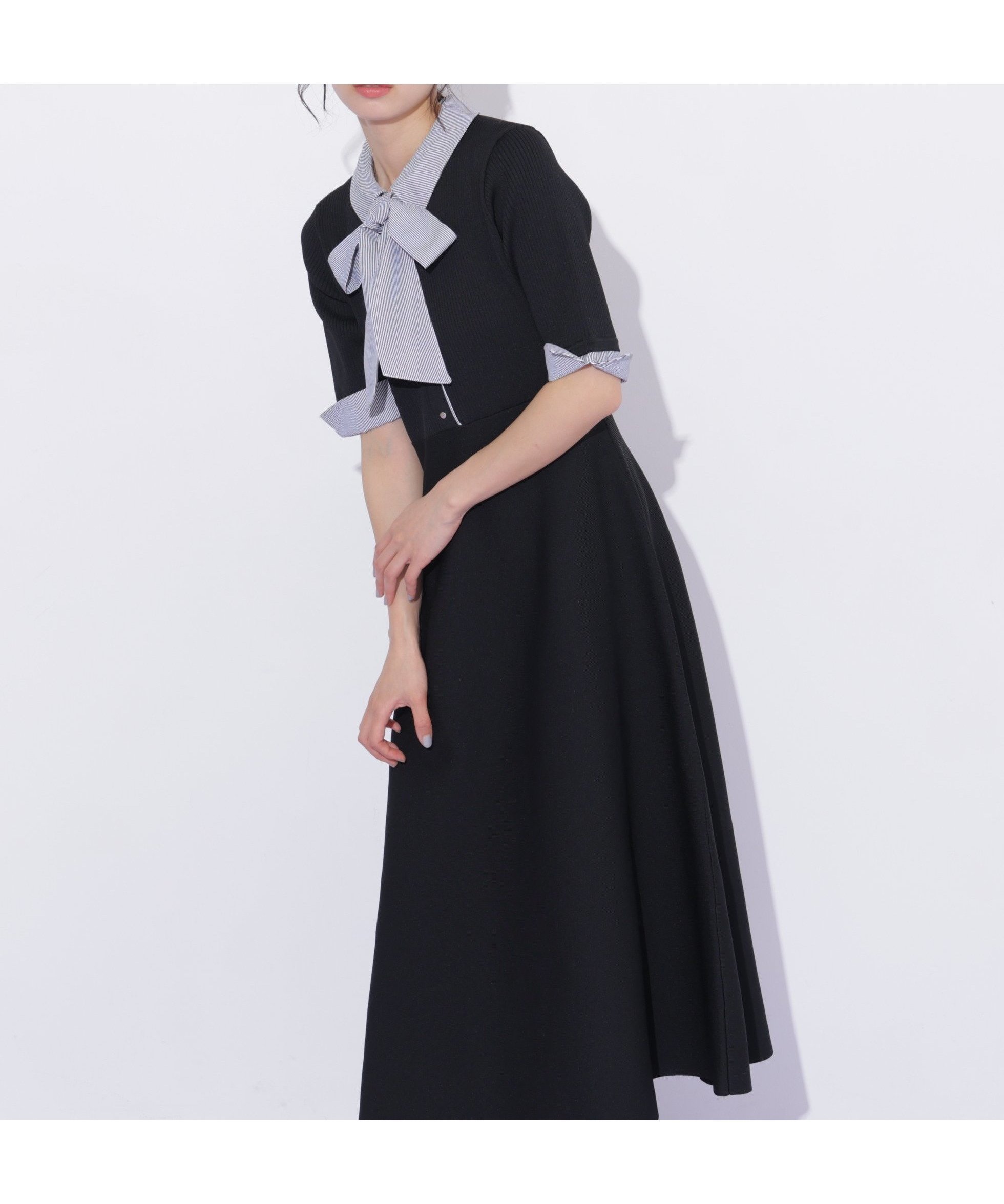 【ジルバイジルスチュアート/JILL by JILLSTUART】のシャツ襟ドッキングニットワンピース半袖 インテリア・キッズ・メンズ・レディースファッション・服の通販 founy(ファウニー) 　ファッション　Fashion　レディースファッション　Fashion for Women　ワンピース　Dresses　ニットワンピース　Knit Dresses　ジャケット　Jacket, Outerwear　スマート　Smart, Elegant　ロング　Long, Long-Length　半袖　Short Sleeve, Half Sleeve　ブラック1|ID: prp329100004976950 ipo3291000000037303575