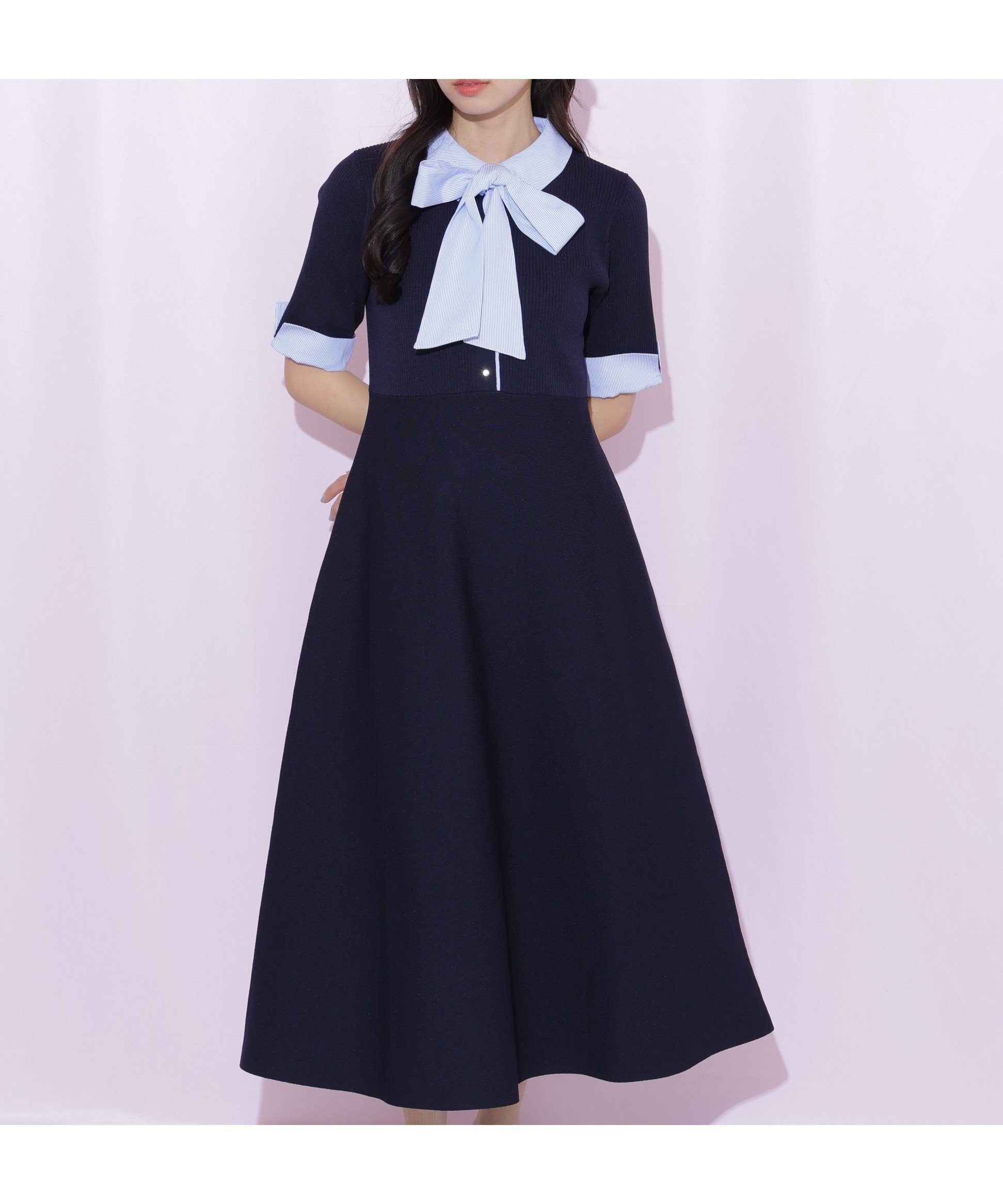 【ジルバイジルスチュアート/JILL by JILLSTUART】のシャツ襟ドッキングニットワンピース半袖 インテリア・キッズ・メンズ・レディースファッション・服の通販 founy(ファウニー) 　ファッション　Fashion　レディースファッション　Fashion for Women　ワンピース　Dresses　ニットワンピース　Knit Dresses　ジャケット　Jacket, Outerwear　スマート　Smart, Elegant　ロング　Long, Long-Length　半袖　Short Sleeve, Half Sleeve　ネイビー1|ID: prp329100004976950 ipo3291000000037303576