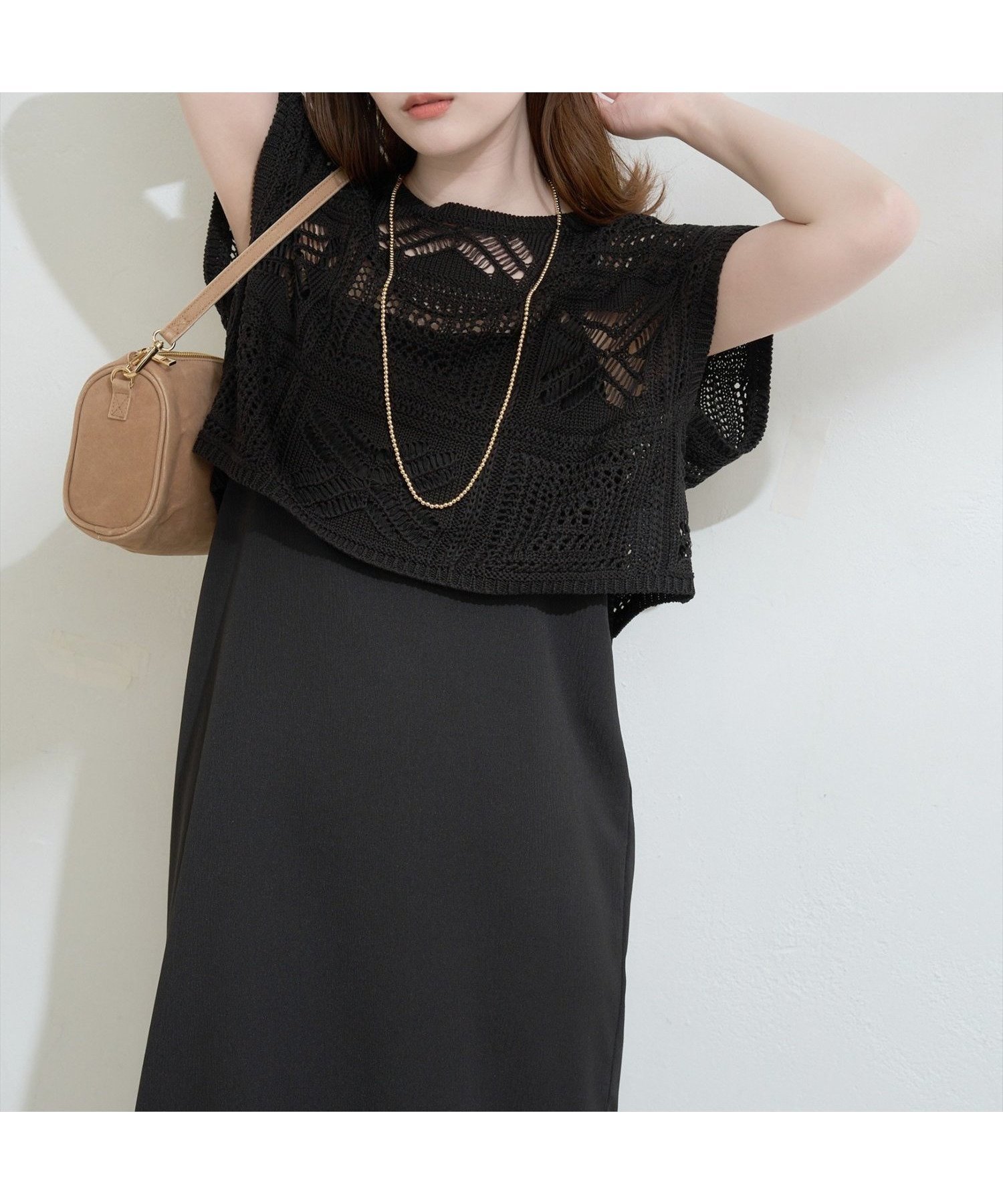 【ナチュラルクチュール/natural couture】のパッチワーク透かし柄ニット+キャミワンピースSET インテリア・キッズ・メンズ・レディースファッション・服の通販 founy(ファウニー) 　ファッション　Fashion　レディースファッション　Fashion for Women　ワンピース　Dresses　キャミソールワンピース　Camisole Dresses　キャミワンピース　Cami Dress, Slip Dress　ショート　Short, Short Length　シンプル　Simple, Minimal　セパレート　Separate, Two-Piece　透かし　Cut-Out, Lacework　ダウン　Down, Puffer　デニム　Denim, Jeans Material　パッチワーク　Patchwork, Mixed Fabric　フェミニン　Feminine, Girly　マーメイド　Mermaid, Fishtail Silhouette　再入荷　Restock / Back in Stock　夏　Summer　2026年　2026　2026春夏・S/S　Spring/Summer 2026 SS26　ブラック|ID: prp329100004976959 ipo3291000000037303611