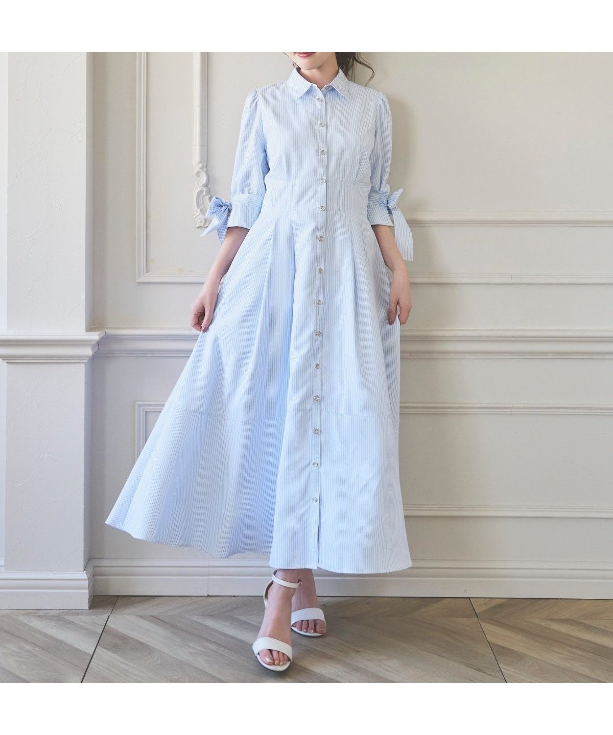 【スウィングル/Swingle】のリボンストライプシャツワンピース インテリア・キッズ・メンズ・レディースファッション・服の通販 founy(ファウニー) 　ファッション　Fashion　レディースファッション　Fashion for Women　ワンピース　Dresses　シャツワンピース / 1枚で着映えコーデ　Shirt Dresses　ストライプ　Stripe, Striped Pattern　フィット　Fit, Slim Fit　フェミニン　Feminine, Girly　フレア　Flare, Flared　フロント　Front, Front Design　リボン　Ribbon, Bow　エレガント 上品　Elegant　green/borderストライプ|ID: prp329100004976963 ipo3291000000037303624
