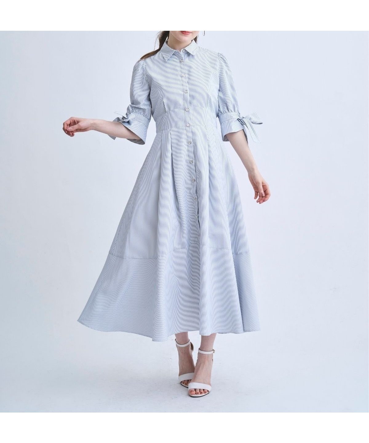 【スウィングル/Swingle】のリボンストライプシャツワンピース インテリア・キッズ・メンズ・レディースファッション・服の通販 founy(ファウニー) 　ファッション　Fashion　レディースファッション　Fashion for Women　ワンピース　Dresses　シャツワンピース / 1枚で着映えコーデ　Shirt Dresses　ストライプ　Stripe, Striped Pattern　フィット　Fit, Slim Fit　フェミニン　Feminine, Girly　フレア　Flare, Flared　フロント　Front, Front Design　リボン　Ribbon, Bow　エレガント 上品　Elegant　Navy/borderストライプ|ID: prp329100004976963 ipo3291000000037303625