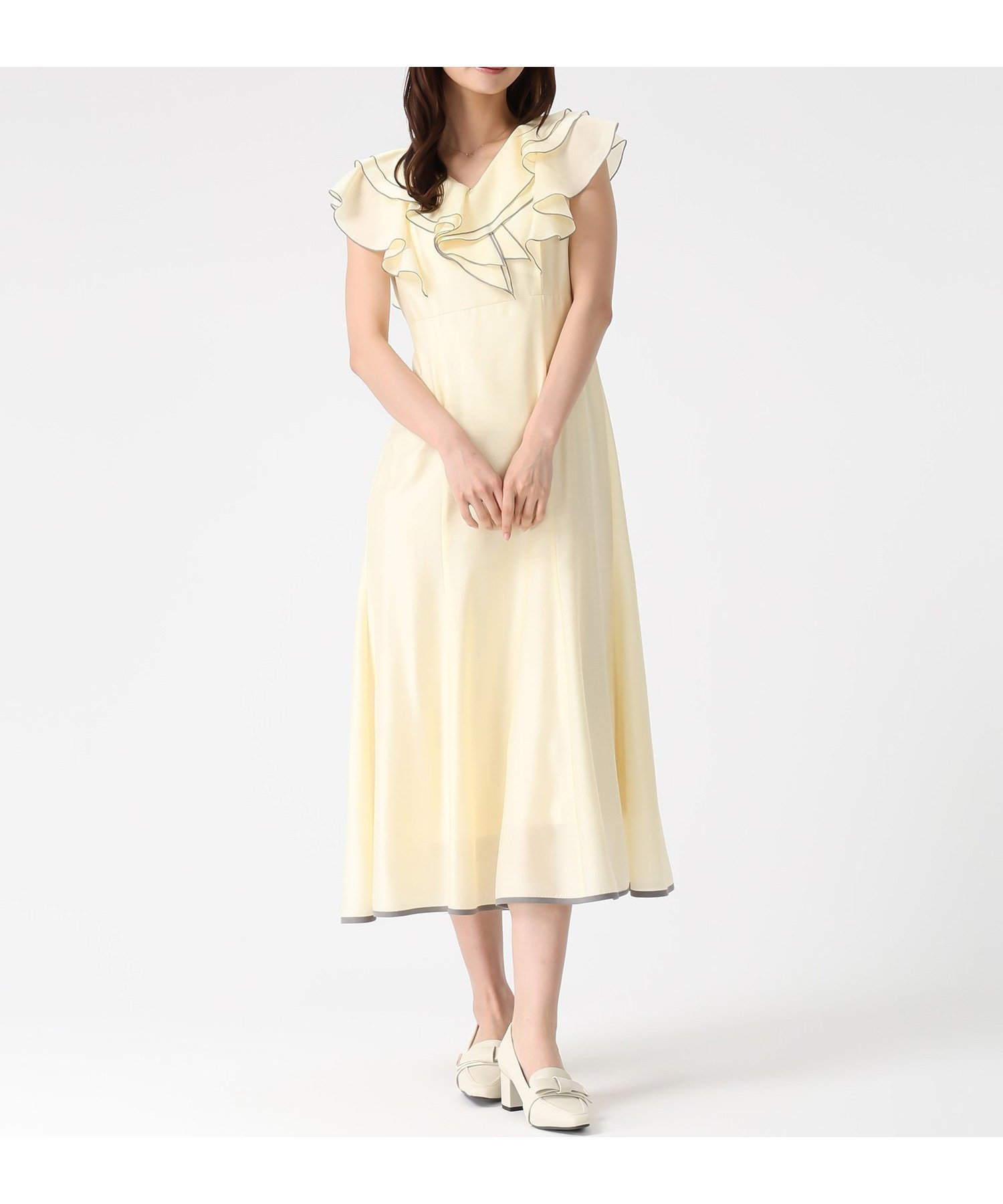 【ミッシュマッシュ/MISCH MASCH】のフリルレイヤード配色パイピングワンピース MM627410 インテリア・キッズ・メンズ・レディースファッション・服の通販 founy(ファウニー) 　ファッション　Fashion　レディースファッション　Fashion for Women　ワンピース　Dresses　ショルダー　Shoulder, Shoulder Strap　パイピング　Piping, Trim Design　フリル　Frill, Ruffle　リボン　Ribbon, Bow　イエロー|ID: prp329100004977095 ipo3291000000037304089