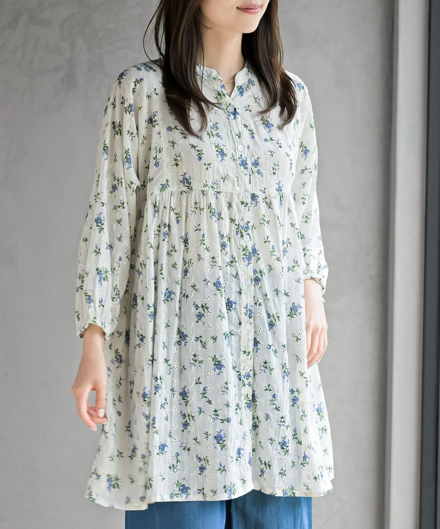 【アールピーエス/rps】の刺繍*花柄プリント7分袖シャツワンピース インテリア・キッズ・メンズ・レディースファッション・服の通販 founy(ファウニー) 　ファッション　Fashion　レディースファッション　Fashion for Women　ワンピース　Dresses　シャツワンピース / 1枚で着映えコーデ　Shirt Dresses　インド　Indian Textile　ギャザー　Gathered, Ruffled　スキッパー　Skipper, Open Collar　チュニック　Tunic, Long Top　プリント　Print, Printed Pattern　ポケット　Pocket, Pocket Detail　ワーク　Workwear, Utility Style　エレガント 上品　Elegant　オフホワイト|ID: prp329100004977115 ipo3291000000037304166