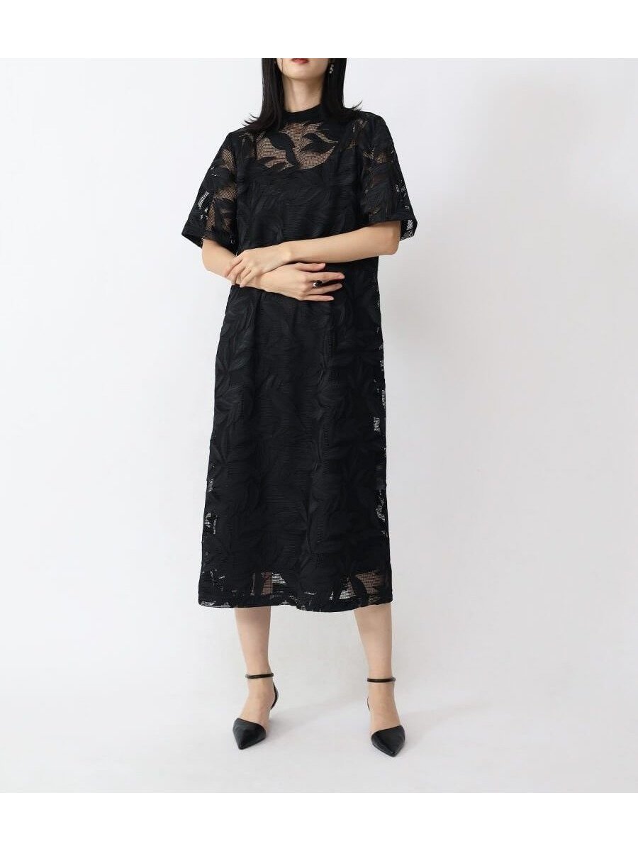 【ラシュッド/LASUD】のリーフエンブロイダリーレースワンピース インテリア・キッズ・メンズ・レディースファッション・服の通販 founy(ファウニー) 　ファッション　Fashion　レディースファッション　Fashion for Women　ワンピース　Dresses　インナー　Innerwear　キャミソール　Camisole, Spaghetti Strap Top　コレクション　Collection, Seasonal Line　今季　This Season, Current Season　スクエア　Square, Square Shape　スリーブ　Sleeve, Long Sleeve / Short Sleeve　デコルテ　Décolleté, Neckline　ハーフ　Half, Half-Length　バランス　Balance, Style Balance　メッシュ　Mesh, Net Fabric　モックネック　Mock Neck, Short Turtleneck　リーフ　Leaf, Botanical Leaf　ブラック|ID: prp329100004977142 ipo3291000000037304262