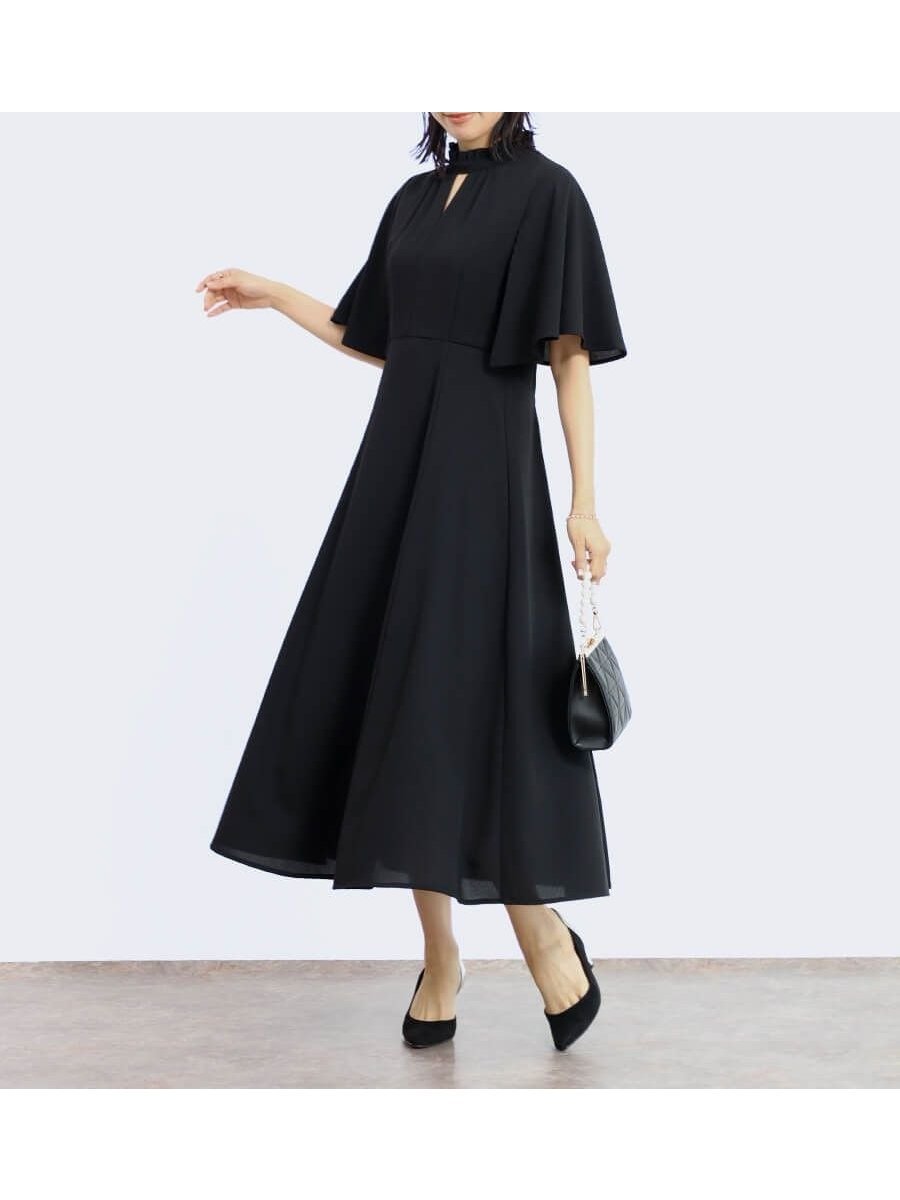 【ヴァン/Vin】のケープスリーブフレアワンピース インテリア・キッズ・メンズ・レディースファッション・服の通販 founy(ファウニー) 　ファッション　Fashion　レディースファッション　Fashion for Women　ワンピース　Dresses　おすすめ　Recommended / Our Picks　エレガント 上品　Elegant　クラシカル　Classical, Vintage-Inspired　シャーリング　Shirring, Ruched　スリット　Slit, Slit Detail　スリーブ　Sleeve, Long Sleeve / Short Sleeve　フリル　Frill, Ruffle　フレア　Flare, Flared　ブラック|ID: prp329100004977144 ipo3291000000037304268