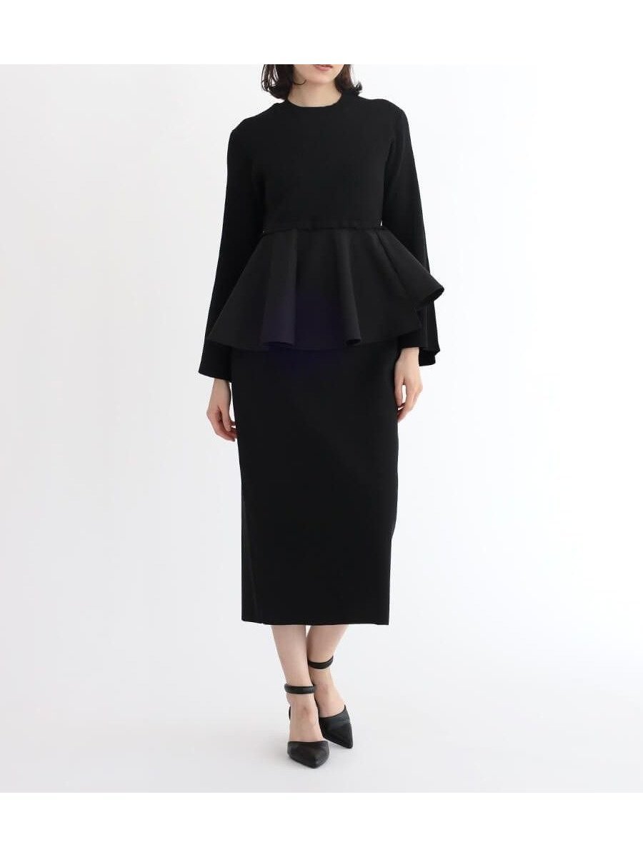 【ラシュッド/LASUD】のペプラムデザインリブワンピース インテリア・キッズ・メンズ・レディースファッション・服の通販 founy(ファウニー) 　ファッション　Fashion　レディースファッション　Fashion for Women　ワンピース　Dresses　ストレッチ　Stretch, Stretchy Fabric　スリーブ　Sleeve, Long Sleeve / Short Sleeve　ドッキング　Docking, Mixed Material　フレア　Flare, Flared　ペプラム　Peplum, Flared Hem　エレガント 上品　Elegant　ブラック|ID: prp329100004977152 ipo3291000000037304288