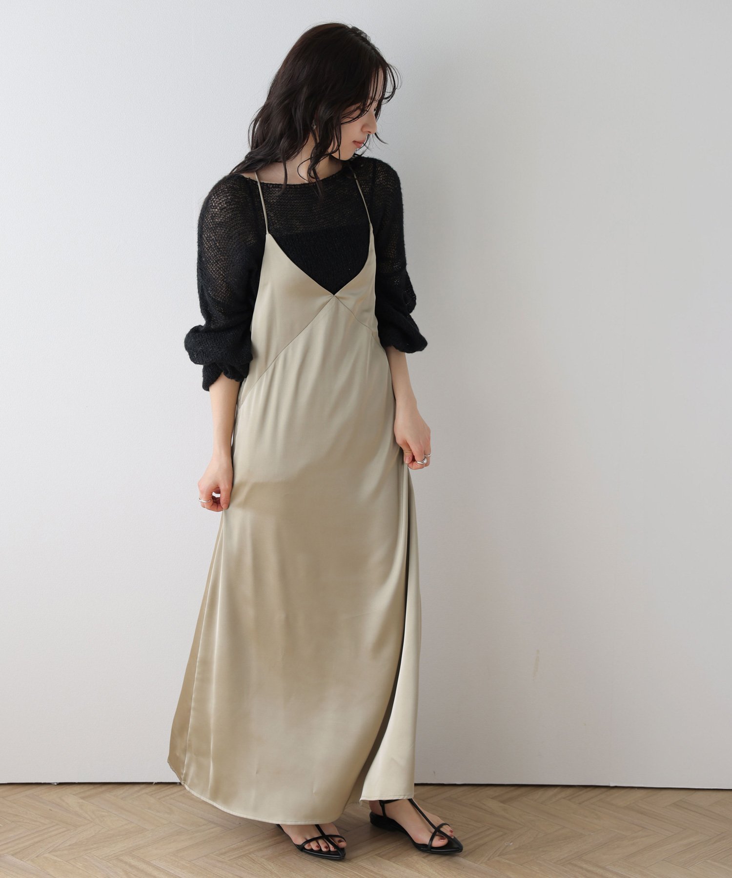 【ラジュール/Lajour】のサテンライクキャミソールワンピース インテリア・キッズ・メンズ・レディースファッション・服の通販 founy(ファウニー) 　ファッション　Fashion　レディースファッション　Fashion for Women　ワンピース　Dresses　2026年　2026　2026春夏・S/S　Spring/Summer 2026 SS26　おすすめ　Recommended / Our Picks　とろみ　Fluid, Flowy Fabric　インナー　Innerwear　オケージョン　Occasion Wear　カットソー　Cut and Sewn Top　キャミ　Camisole, Cami Top　サテン　Satin, Glossy Fabric　ジャケット　Jacket, Outerwear　ドレープ　Drape, Draping Fabric　フレア　Flare, Flared　エレガント 上品　Elegant　ベージュ|ID: prp329100004977172 ipo3291000000037304344
